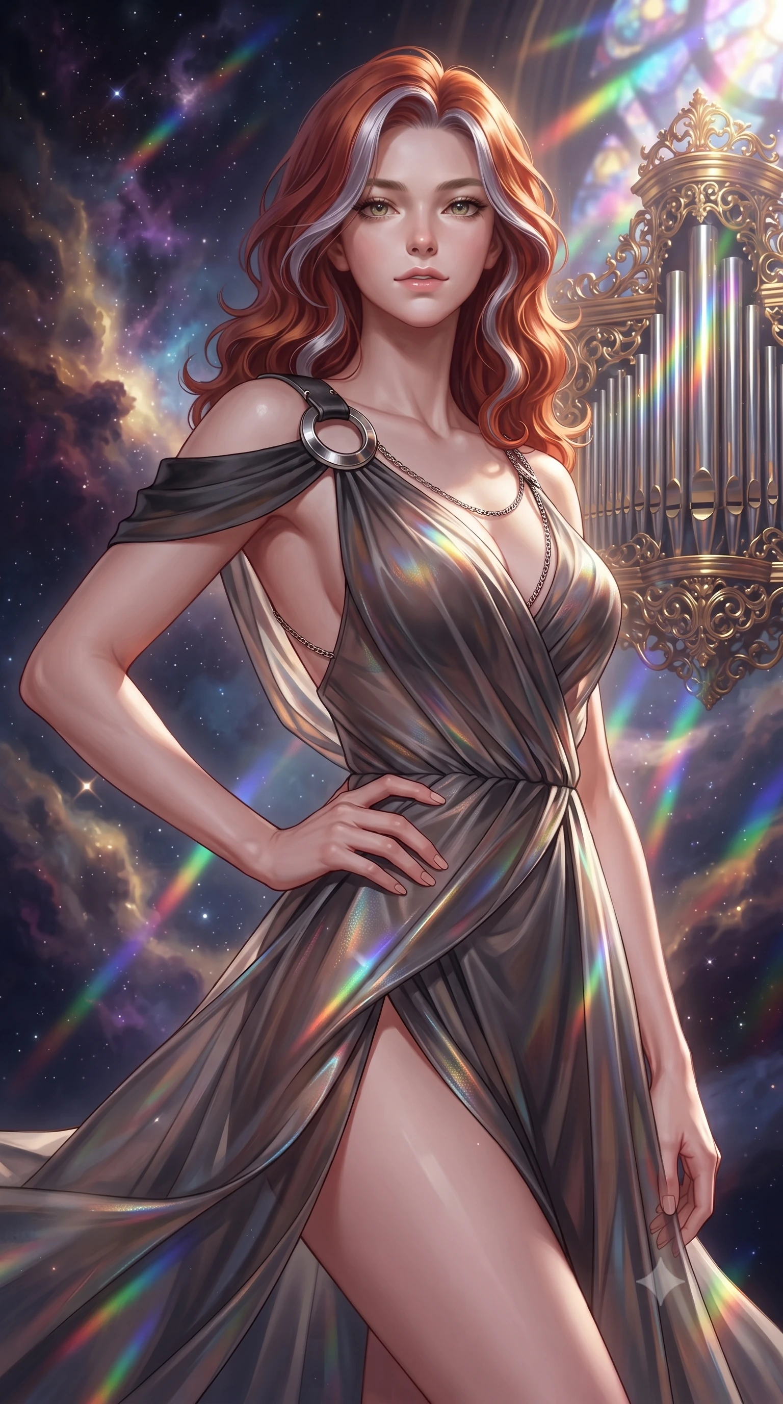 score_9, masterpiece, best quality, ultra-detailed, high-budget anime keyframe, editorial fashion photography, tasteful artistic composition, Caucasian woman. close-up cowboy shot from the waist and thighs up, the character dominates the composition, filling the frame with her large presence, background elements kept in soft focus. Holding a powerful dynamic pose with one hand on her hip and body angled dramatically toward the key light while pivoting her body in a dynamic S-curve as cosmic nebula clouds swirl around her, golden filigree organ pipes casting intricate metallic reflections in mid-air. She has an exceptionally elegant, slender, and willowy female figure with an ultra-slim waist, a gracefully sculpted slender torso, and a refined silhouette. sharp v-shaped jawline, high-bridge nose, intricate jewel-like eyes with depth, thick eyelashes, glossy lips with a natural sheen, flawlessly proportioned anatomical accuracy, natural body alignment, perfectly sculpted elegant limbs, clean dynamic posture without body distortion. wearing an asymmetrical Grecian draped chiffon gown with a metallic shoulder ring in matte black and polished silver, woven from fine semi-opaque sheer organza, adorned with delicate metallic chain straps along the neckline, the elegant draped fit framing her graceful clavicle and slender torso. illuminated by cascading rainbow prismatic light refracting through stained glass. ultra-reflective glossy finish, specular highlights, metallic sheen, high-contrast stereoscopic depth, volumetric dynamic lighting, 2k, ultra detail, master piece, 9:16 ratio