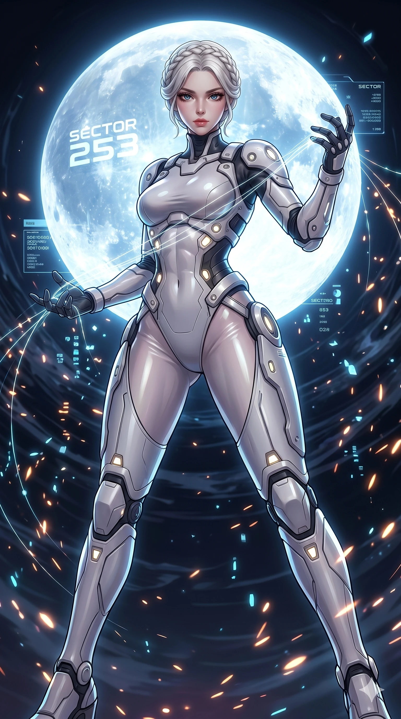 score_9, masterpiece, best quality, ultra-detailed, Set A: High-budget Anime Keyframe, Korean woman. Low angle cowboy shot filling the entire 9:16 frame with her statuesque presence. Casting a spell through a virtual reality void, with a massive holographic moon rising behind her marked as sector 253 and surrounded by glowing energy sparks. She has an absolutely perfect 8-heads proportion, an exceptionally tall and slender female figure with impossibly long slender legs and an ultra-slim waist. Sharp v-shaped jawline, high-bridge nose, intricate jewel-like eyes with depth, thick eyelashes, glossy lips with a natural sheen. Wearing Cybernetic exoskeleton frame over a sleek skin-tight latex suit with glowing ports. Cinematic lighting, vibrant colors, dramatic shadows, 2k, ultra detail, master piece, 9:16 ratio