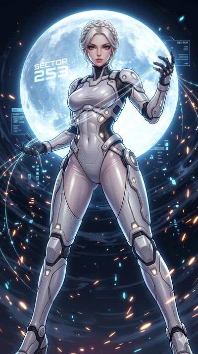 score_9, masterpiece, best quality, ultra-detailed, Set A: High-budget Anime Keyframe, Korean woman. Low angle cowboy shot filling the entire 9:16 frame with her statuesque presence. Casting a spell through a virtual reality void, with a massive holo