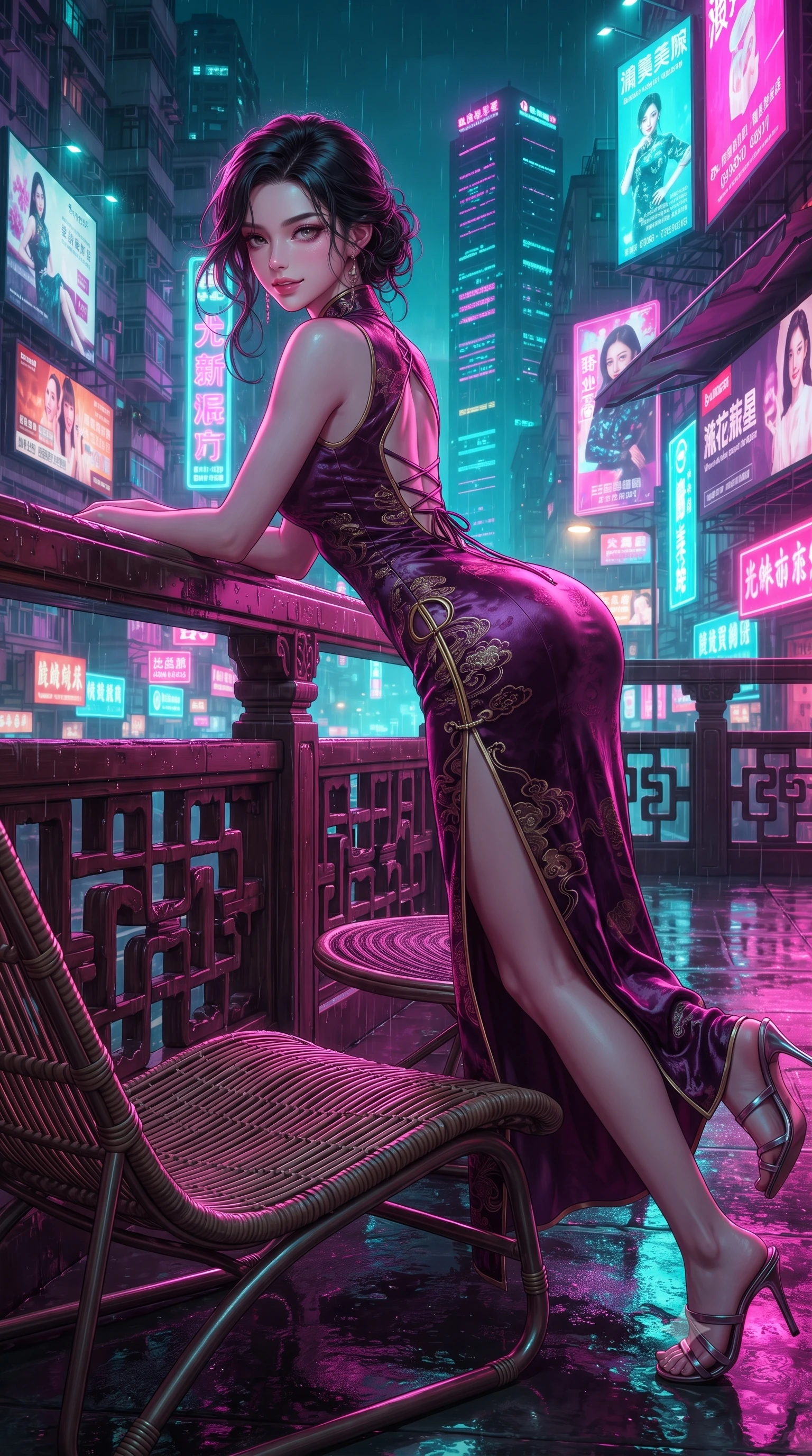 score_9, masterpiece, best quality, ultra-detailed, high-budget anime keyframe, editorial fashion photography, tasteful artistic composition, Korean woman. close-up cowboy shot from the waist and thighs up, the character dominates the composition, filling the frame with her large presence. leaning forward over the carved veranda balustrade while arching her lower back to accentuate her curvy hips, looking into the camera with an enchanting coquettish smile and bedroom-eyes while lounging in a modernist low rattan lounge with legs extended, her high-slit modern fusion gown glowing under colossal skyscraper billboards. The surrounding environment is rendered in vivid detail and crisp panoramic clarity: detailed silk dress drape, neon specular reflections on skin, and dense Asian megacity architecture in high resolution. She has an exceptionally elegant, slender, and willowy female figure with an ultra-slim waist, flat toned midriff, narrow ribcage, and sculpted feminine hips creating an alluring, slim hourglass silhouette without bulk. sharp v-shaped jawline, high-bridge nose, intricate jewel-like dark sparkling almond eyes with depth, thick lashes, glossy parted lips with a natural rose-plum sheen, bright alluring and coquettish smile with bedroom-eyes, exuding both timeless oriental elegance and sovereign high-fashion allure, flawlessly proportioned anatomical accuracy, strict slender model proportions, natural body alignment, perfectly sculpted long slender limbs, ultra-slim waistline, clean dynamic posture without body distortion. wearing a backless lace-up silk sundress with traditional cloud embroidery and an ultra-fitted hip-hugging silhouette in rich plum violet and gilded bronze embroidery, crafted from sumptuous crushed winter velvet with deep light-absorbing plushness, finished with sharp laser-cut side hip slits framed by gold piping, the high-waisted wrap tailoring accentuating her ultra-slim waistline and the enchanting curve of her feminine hips with alluring oriental charm. bathed in intense, high-contrast neon magenta and electric turquoise underlights bouncing off wet surfaces. ultra-reflective glossy finish, specular highlights, rich textural contrasts, high-contrast stereoscopic depth, volumetric dynamic lighting, 2k, ultra detail, master piece, 9:16 ratio