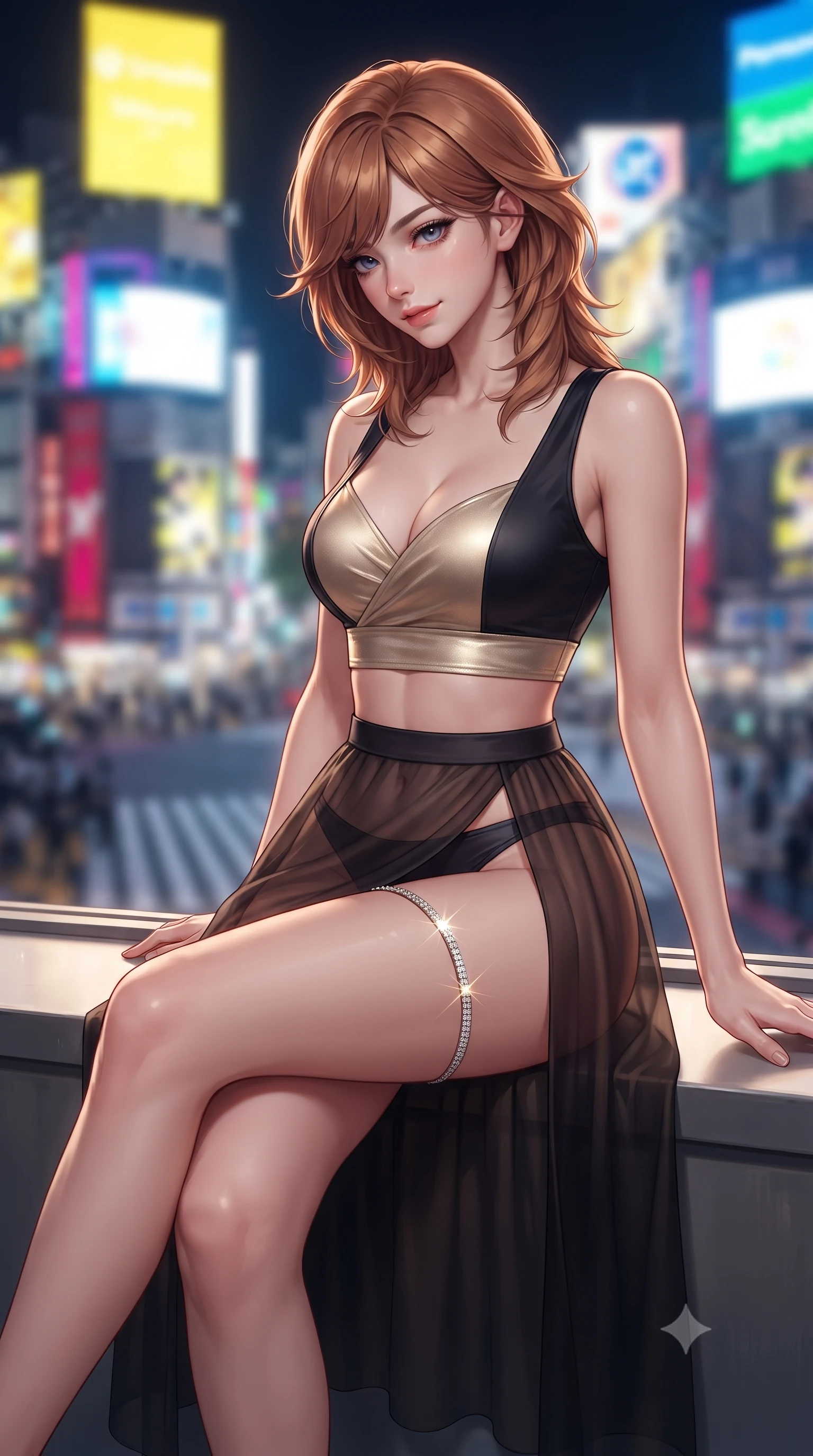 score_9, masterpiece, best quality, ultra-detailed, high-budget anime keyframe, editorial fashion photography, tasteful artistic composition, Korean woman. close-up cowboy shot from the waist and thighs up, the character dominates the composition, filling the frame with her large presence. tilting her head with a teasing half-smile, running one hand slowly down the side of her hip in a flirtatious S-curve as ambient light caresses her silhouette while sitting perched on the wide window ledge with legs crossed, looking down at the city with effortless modern idol cool. The background shows a soft-focus the famous Shibuya scramble crossing below and towering digital billboard screens blurred into vibrant electric yellow, magenta, and cyan bokeh. She has an exceptionally elegant, slender, and willowy female figure with an ultra-slim waist, flat toned midriff, narrow ribcage, and sculpted feminine hips creating an alluring, slim hourglass silhouette without bulk. sharp v-shaped jawline, high-bridge nose, sparkling eyes with hypnotic seductive depth, thick curled eyelashes, glossy parted lips with a natural dewy peach sheen, alluring bedroom-eyes with an enchanting coquettish smile, exuding magnetic siren charisma and sophisticated glamour, flawlessly proportioned anatomical accuracy, strict slender model proportions, natural body alignment, perfectly sculpted long slender limbs, ultra-slim waistline, clean dynamic posture without body distortion. wearing a plunging sweetheart-neckline silk jeogori crop top paired with an ultra-high-slit translucent chima wrap skirt and satin briefs in midnight obsidian black and shimmering liquid champagne gold, made of semi-opaque stretch illusion mesh with soft shadowy contours, accented with a delicate crystal-encrusted thigh garter strap glinting under the lights, the form-contouring silhouette accentuating her sculpted flat midriff, narrow delicate ribcage, and gracefully curvy hips with intoxicating allure. illuminated by glass window bounce and sharp electric-cyan rim lights defining her razor-sharp jawline, ultra-slim waist, and curvy hips. ultra-reflective glossy finish, specular highlights, rich textural contrasts, high-contrast stereoscopic depth, volumetric dynamic lighting, 2k, ultra detail, master piece, 9:16 ratio