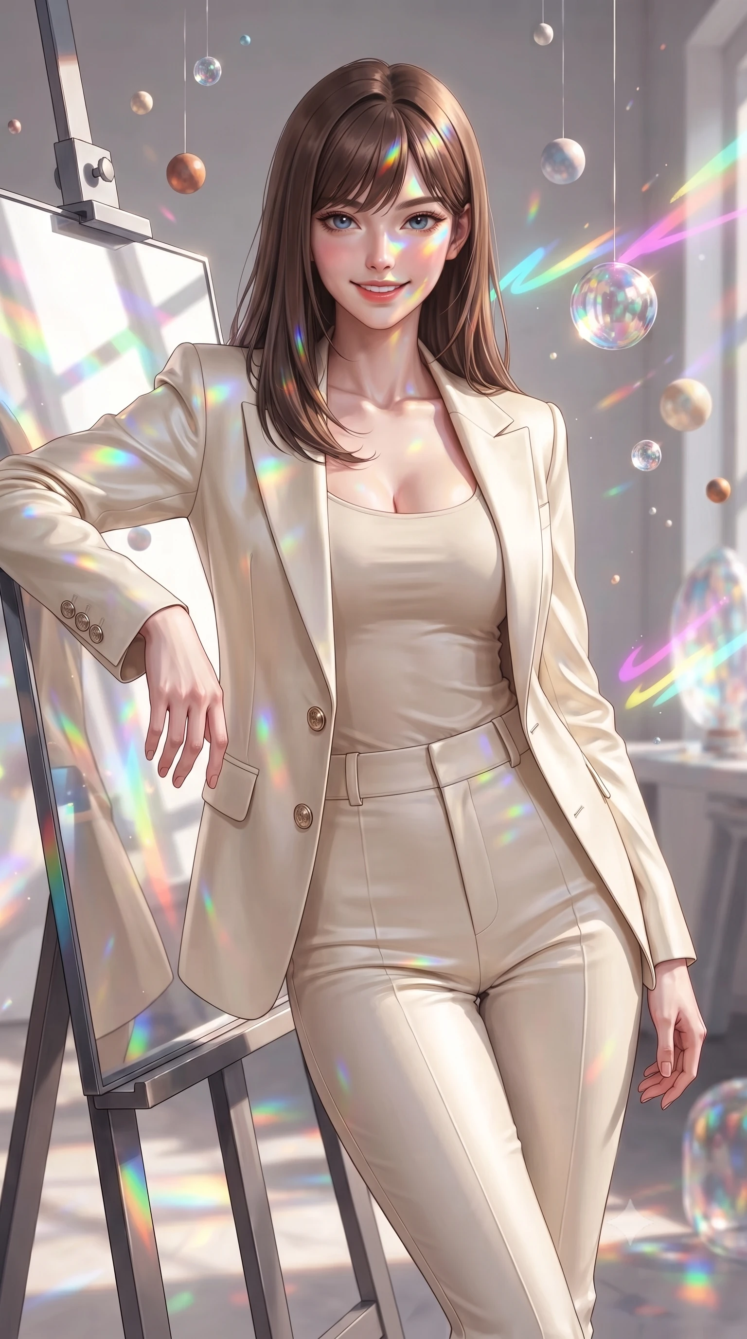 score_9, masterpiece, best quality, ultra-detailed, high-budget anime keyframe, editorial fashion photography, tasteful artistic composition, Korean woman. close-up cowboy shot from the waist and thighs up, the character dominates the composition, filling the frame with her large presence, background elements kept in soft focus. Smiling with quiet, magnetic self-assurance directly into the lens leaning against a mirrored easel surrounded by suspended pigment spheres, glowing neon brushstrokes floating poetically around her silhouette. She has an exceptionally elegant, slender, and willowy female figure with an ultra-slim waist, a gracefully sculpted slender torso, and a refined silhouette. sharp v-shaped jawline, high-bridge nose, intricate jewel-like eyes with depth, thick eyelashes, glossy lips with a natural sheen. wearing a tailored cream silk blazer over a form-contouring scoop-neck top and fitted trousers, the sleek second-skin texture accentuating her magnetic presence. illuminated by brilliant multi-color rainbow light refracting through glass. ultra-reflective glossy finish, specular highlights, metallic sheen, high-contrast stereoscopic depth, volumetric dynamic lighting, 2k, ultra detail, master piece, 9:16 ratio