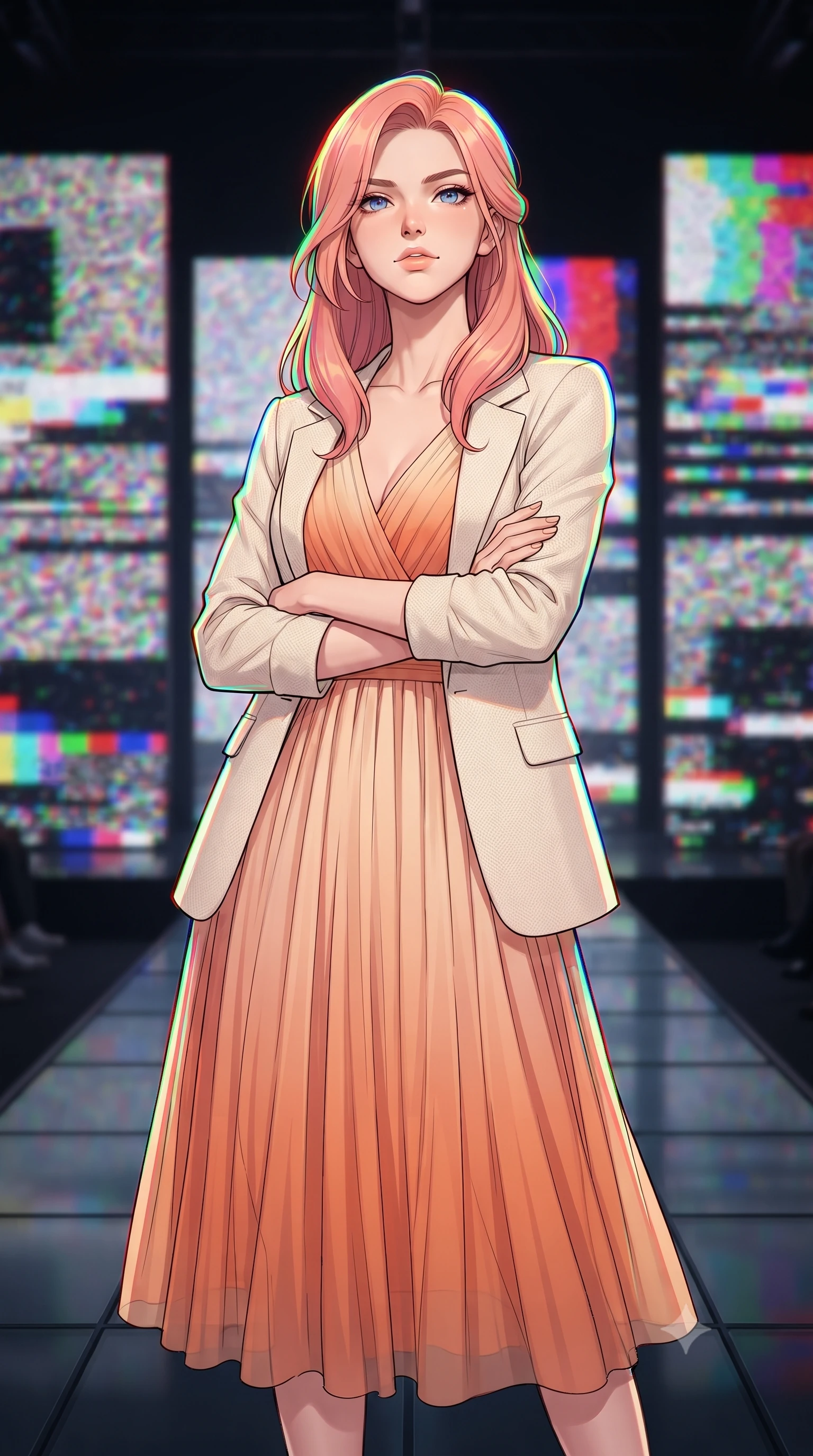score_9, masterpiece, best quality, ultra-detailed, high-budget anime keyframe, gorgeous anime illustration, with clean line-art and distinct ink outlines, Japanese woman. close-up cowboy shot from the waist and thighs up, the character dominates the composition, filling the frame with her large presence, background elements kept in soft focus. Crossing her arms with serene confidence and chin slightly raised. set against a soft-focus background of on a fashion runway surrounded by giant LED screens displaying colorful RGB glitch patterns and noise, the floor made of dark reflective glass. She has an exceptionally elegant and slender, willowy female figure with an ultra-slim waist, a gracefully sculpted slender torso, and a refined slim physique. sharp v-shaped jawline, high-bridge nose, intricate jewel-like eyes with depth, thick eyelashes, glossy lips with a natural sheen. wearing a flowing pleated chiffon midi dress in a sunset apricot gradient, layered under a light ivory knit blazer. saturated RGB glitch light (red, green, blue) flashing from the screens, casting intense chromatic aberration highlights. 2k, ultra detail, master piece, 9:16 ratio, vibrant anime color palette, detailed cel-shading with soft gradients, rich contrast, dynamic lighting, 2d animation style