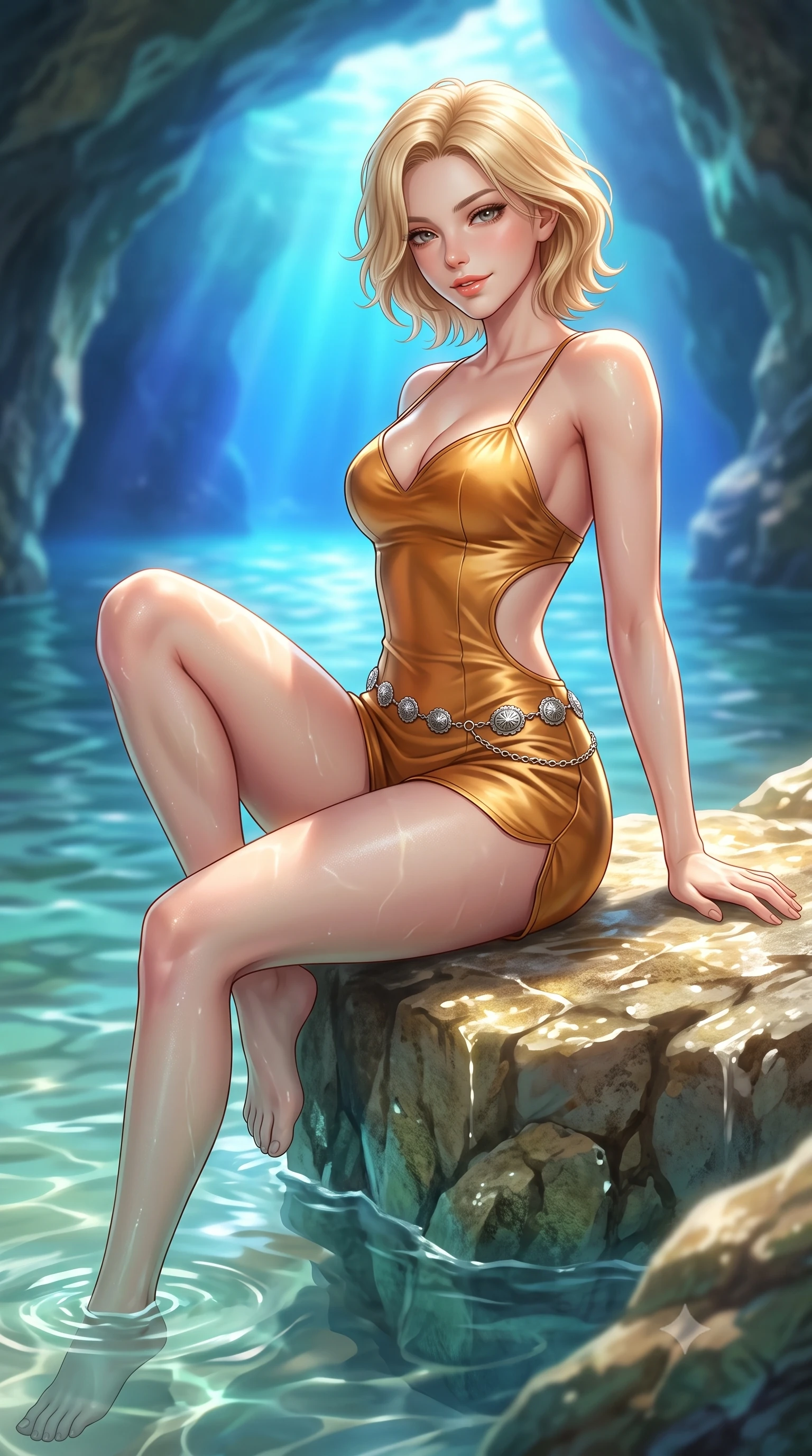 score_9, masterpiece, best quality, ultra-detailed, high-budget anime keyframe, semi-realistic 3D game render, editorial fashion photography, tasteful artistic composition, Caucasian woman. close-up cowboy shot from the waist and thighs up, the character dominates the composition, filling the frame with her large presence. perched sideways on the lounge seat, one knee drawn up to showcase her slender leg line while her arched back accentuates her feminine hip curve while sitting on the submerged limestone rock ledge inside the luminous sea cave, arching her back with breathtaking sea-nymph siren grace. The background shows a soft-focus grotto entrance ripples softened in mysterious maritime subterranean shallow focus. She has an exceptionally elegant, slender, and willowy female figure with an ultra-slim waist, flat toned midriff, narrow ribcage, and sculpted feminine hips creating an alluring, slim hourglass silhouette without bulk. sharp v-shaped jawline, high-bridge nose, sparkling eyes with hypnotic seductive depth, thick curled eyelashes, glossy parted lips with a natural dewy peach sheen, alluring bedroom-eyes with an enchanting coquettish smile, exuding magnetic siren charisma and sophisticated glamour, flawlessly proportioned anatomical accuracy, strict slender model proportions, natural body alignment, perfectly sculpted long slender limbs, ultra-slim waistline, clean dynamic posture without body distortion. wearing a deep sweetheart-neckline buckskin bodycon romper with side-hip cutouts accentuating her hourglass curves in warm amber honey and antique gold leaf, crafted from fluid liquid silk satin that clings smoothly to every curve with a dewy sheen, accented with an intricate silver concho waist chain resting loosely on her curvy hips, the precision-cut side openings and low-back scoop framing her graceful spine and the sensual sweep of her slim, toned hips. bathed in ethereal glowing cobalt-and-cyan light radiating upward through the submerged cave opening. highly saturated vibrant anime colors, detailed shading with soft gradients, rich glossy textures, high-contrast stereoscopic depth, volumetric dynamic lighting, master piece, 9:16 ratio