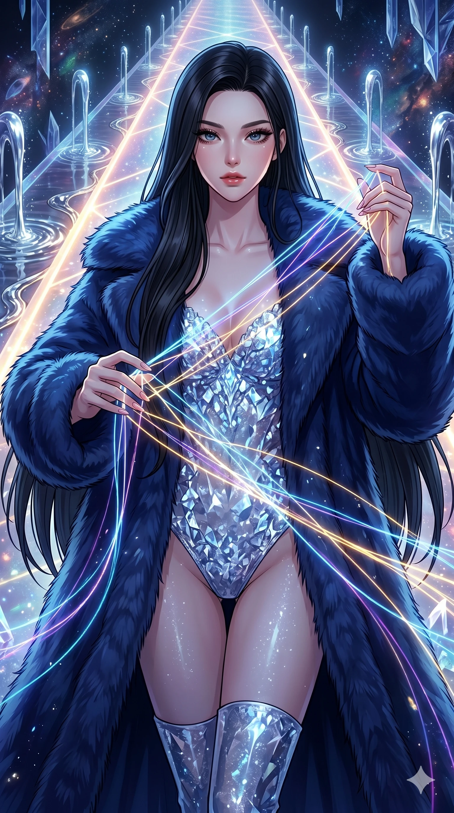 score_9, masterpiece, best quality, ultra-detailed, high-budget anime movie keyframe, cinematic anime lighting, intricate line art, Korean woman. Medium shot of upper body capturing the intricate details of her high-fashion attire. weaving threads of light in a celestial bridge made of light with liquid mercury fountains. She has an absolutely perfect 8-heads proportion, an exceptionally tall and slender female figure with an ultra-slim waist and impossibly long slender legs. sharp v-shaped jawline, high-bridge nose, intricate jewel-like eyes, thick eyelashes, glossy lips. Wearing seasonal winter-couture featuring a plush oversized faux-fur coat worn over a skin-tight crystalline leotard and thigh-high stiletto boots. The scene is illuminated by dramatic atmospheric lighting and vibrant color palettes. , 2k, ultra detail, master piece, 9:16 ratio