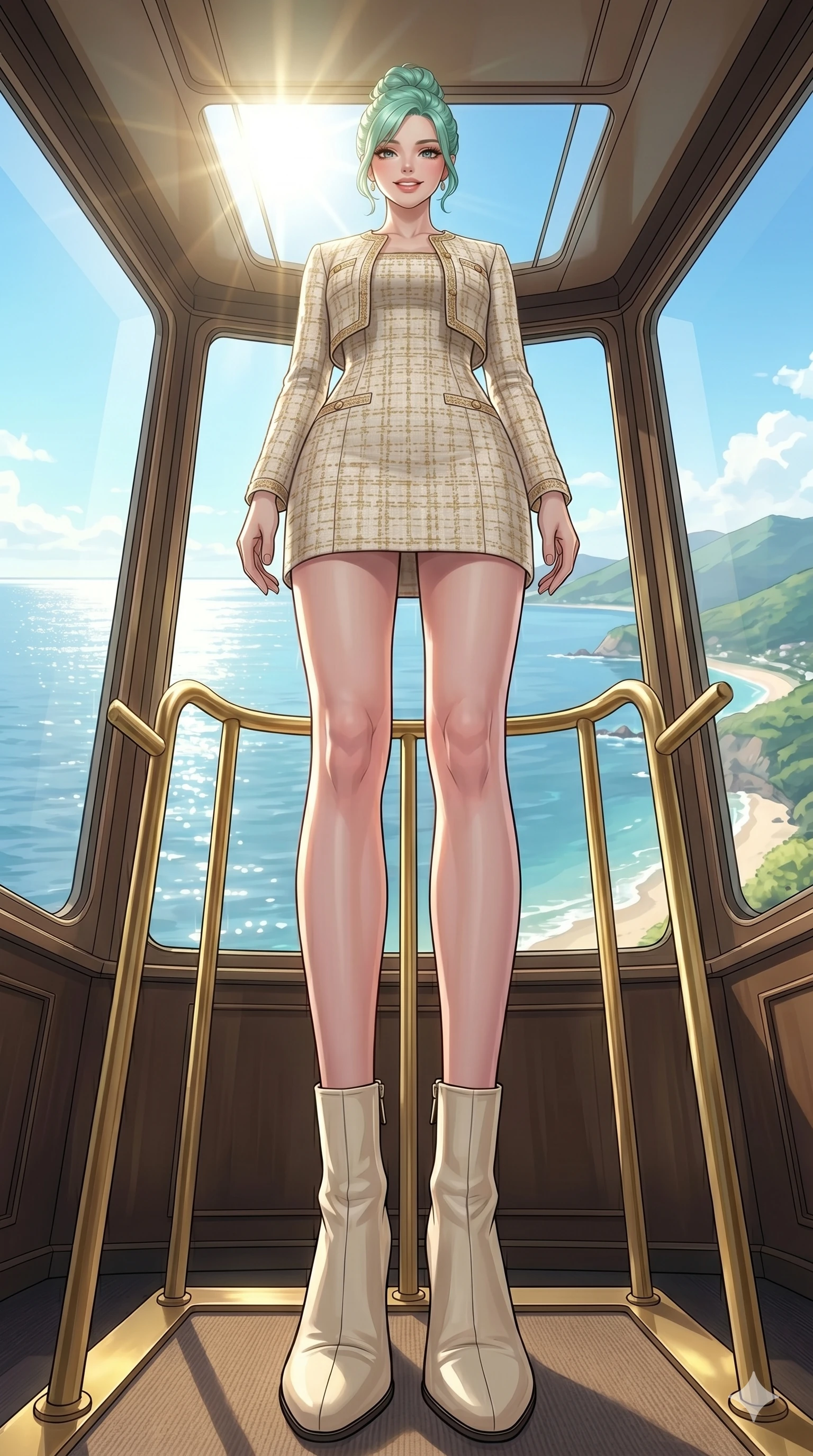 score_9, masterpiece, best quality, ultra-detailed, high-budget anime keyframe, vibrant anime aesthetic, Japanese woman. low angle full-body shot from head to toe showing her feet, filling the entire 9:16 vertical frame with her statuesque presence, stretching her vertical silhouette. She is standing on the balcony, looking at the camera with a confident, radiant smile inside a luxury train lounge car with large panoramic windows showing a sunny coastline (Code-P20-017). She has an absolutely perfect 8-heads proportion, an exceptionally tall and slender female figure with impossibly long slender legs and an ultra-slim waist. V-shaped jawline, high-bridge nose, intricate jewel-like eyes with depth, thick eyelashes, glossy lips with a natural sheen. wearing a chic tweed dress with a matching cropped jacket and boots. She is illuminated by a brilliant midday sun, highlighting her athletic figure and smile. 2k, ultra detail, master piece, 9:16 ratio