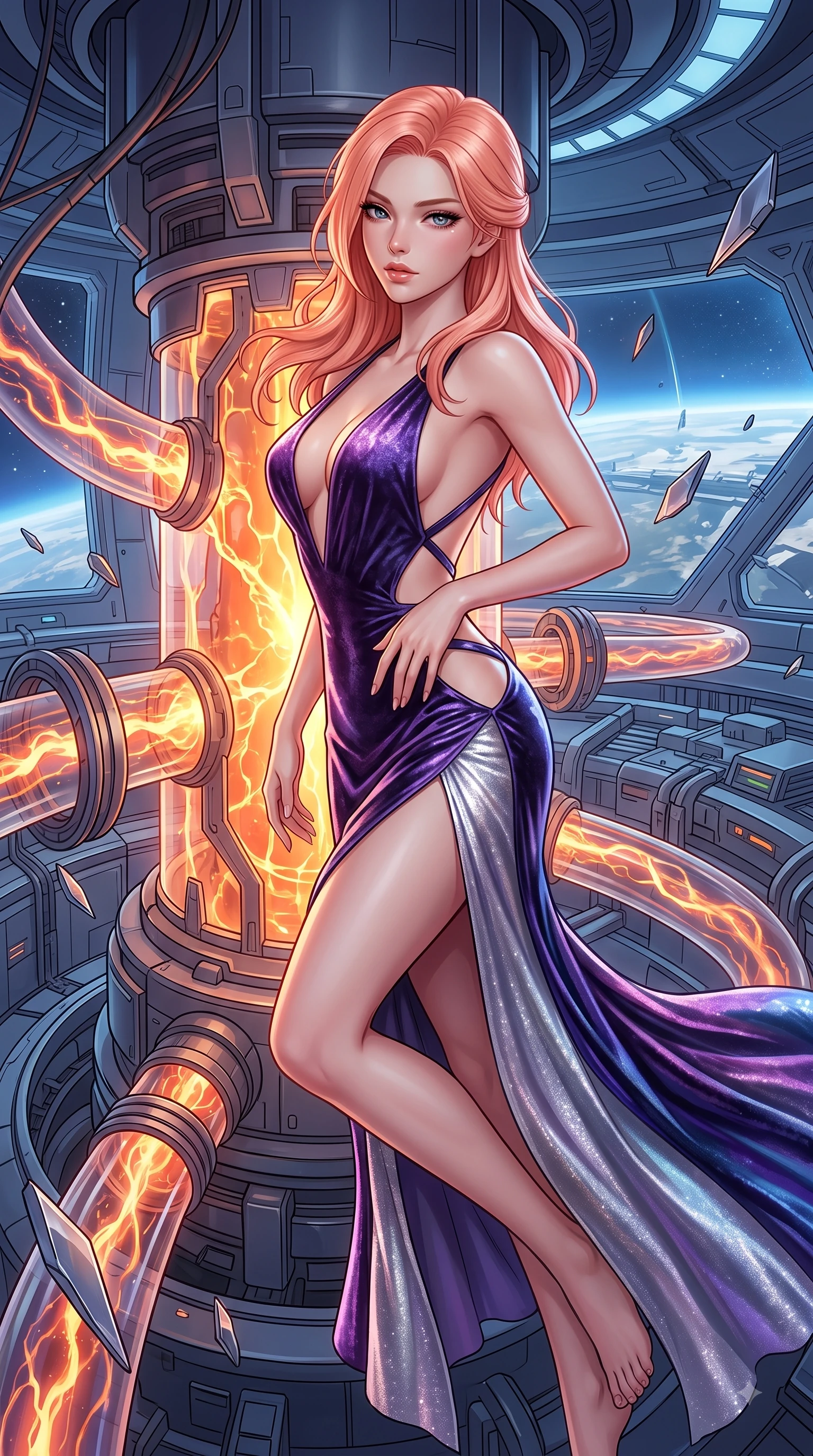 score_9, masterpiece, best quality, ultra-detailed, high-budget anime keyframe, semi-realistic 3D game render, editorial fashion photography, tasteful artistic composition, Japanese woman. close-up cowboy shot from the waist and thighs up, the character dominates the composition, filling the frame with her large presence. twisting her upper body in a dynamic S-curve with an alluring smolder, one hand trailing along her slender waist while floating weightlessly near a colossal fusion reactor core with molten energy pulsing through transparent conduits. The surrounding environment is rendered in vivid detail and crisp panoramic clarity. crisp magnetic field rings, floating alloy shard edges, and detailed reactor conduits in deep focus. She has an exceptionally elegant, slender, and willowy female figure with an ultra-slim waist, a gracefully sculpted slender torso, and a refined silhouette. sharp v-shaped jawline, high-bridge nose, intricate jewel-like eyes with depth, thick eyelashes, glossy lips with a natural sheen, flawlessly proportioned anatomical accuracy, natural body alignment, perfectly sculpted elegant limbs, clean dynamic posture without body distortion. wearing a backless crushed velvet gown with a deep V-neckline, strategic hip cutouts, and an ultra-high thigh slit in dark amethyst purple and shimmering starlight silver, made of smooth iridescent silk chiffon that shifts colors with movement, complemented by criss-cross back straps highlighting her completely bare spine, the form-contouring second-skin material highlighting her ultra-slim waist and long lines. surrounded by a supercharged, high-voltage, and breathtakingly bold sensual aura. highly saturated vibrant anime colors, detailed shading with soft gradients, rich glossy textures, high-contrast stereoscopic depth, volumetric dynamic lighting, master piece, 9:16 ratio