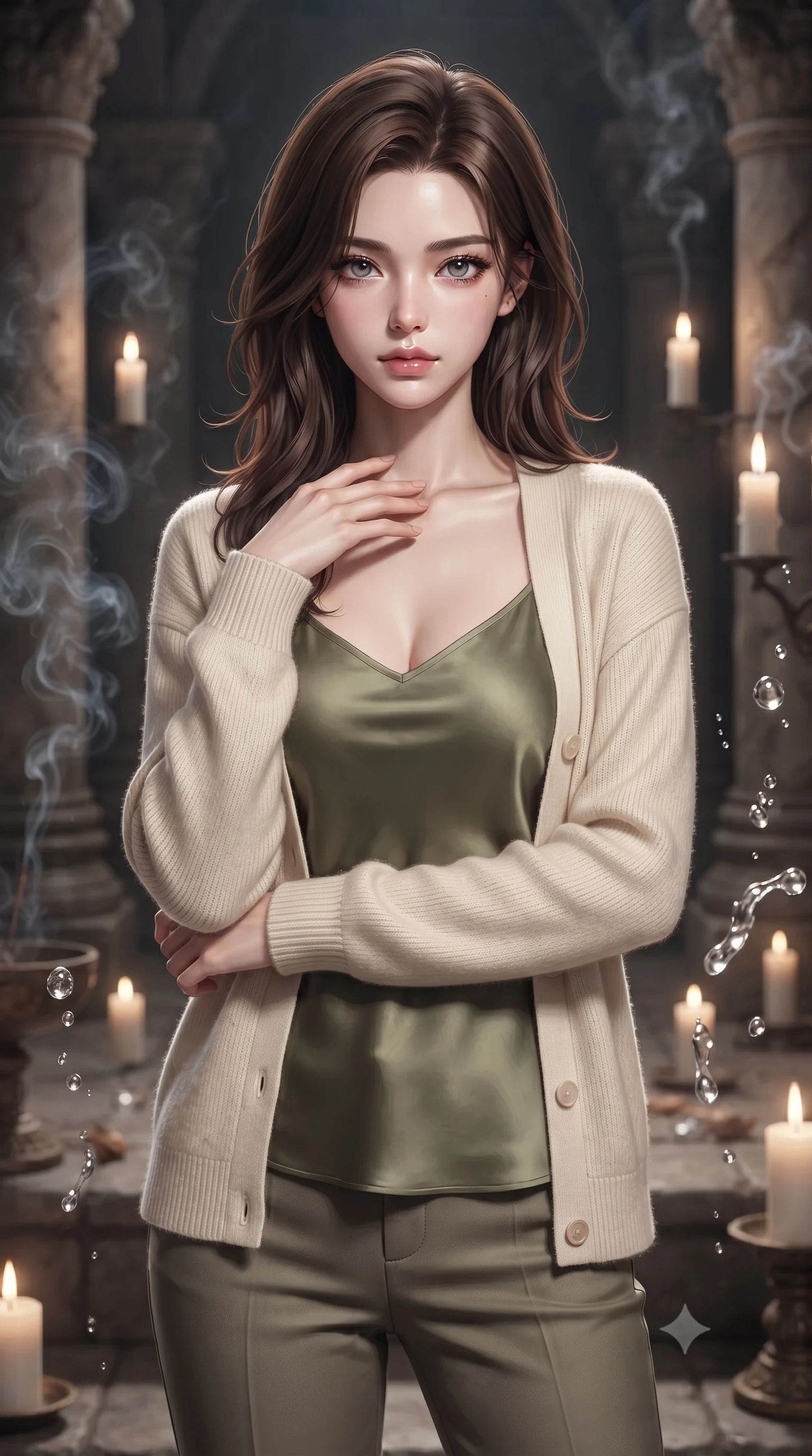 score_9, masterpiece, best quality, ultra-detailed, high-budget anime keyframe, editorial fashion photography, tasteful artistic composition, Korean woman woman. close-up cowboy shot from the waist and thighs up, the character dominates the composition, filling the frame with her large presence, background elements kept in soft focus. standing with one hand resting on her collarbone, looking at the viewer with bedroom-eyes the background shows a soft-focus a quiet sanctuary chamber with stone pillars, floating candles, and incense smoke. She has an exceptionally elegant, slender, and willowy female figure with an ultra-slim waist, a gracefully sculpted slender torso, and a refined silhouette. sharp v-shaped jawline, high-bridge nose, intricate jewel-like eyes with depth, thick eyelashes, glossy lips with a natural sheen. wearing a body-hugging comfortable cream knit cardigan worn over an olive green silk camisole and tailored trousers. soft flickering candle glow refracting through the moving water droplets. ultra-reflective glossy finish, specular highlights, metallic sheen, high-contrast stereoscopic depth, volumetric dynamic lighting, 2k, ultra detail, master piece, 9:16 ratio