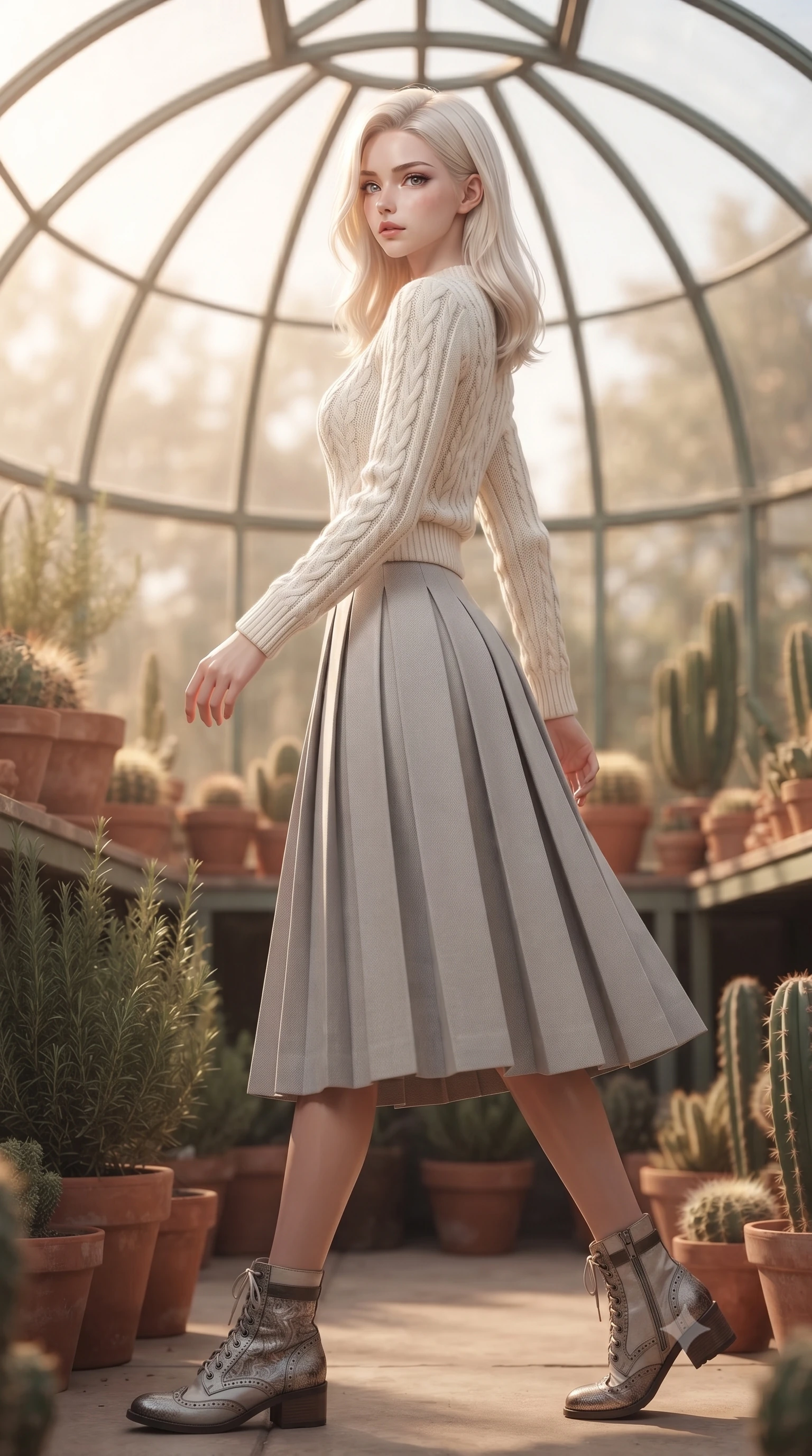 score_9, masterpiece, best quality, ultra-detailed, high-budget anime keyframe, editorial fashion photography, tasteful artistic composition, Caucasian woman. low angle full-body shot from head to toe showing her feet, filling the entire 9:16 vertical frame with her statuesque presence, stretching her vertical silhouette. stepping gracefully while looking back over her shoulder, her dress draped tightly to reveal her silhouette the background shows a soft-focus a desert greenhouse dome, surrounded by terracotta pots, rosemary, and cacti. She has an absolutely perfect, statuesque 8.5-heads proportion, an exceptionally tall and slender model-like female figure with impossibly long slender legs and an ultra-slim waist. sharp v-shaped jawline, high-bridge nose, intricate jewel-like eyes with depth, thick eyelashes, glossy lips with a natural sheen. wearing a slim-fit cozy cable-knit knit sweater in ivory wool, paired with a pleated light grey midi skirt. warm, diffused daylight creating a quiet and productive mood. ultra-reflective glossy finish, specular highlights, metallic sheen, high-contrast stereoscopic depth, volumetric dynamic lighting, 2k, ultra detail, master piece, 9:16 ratio