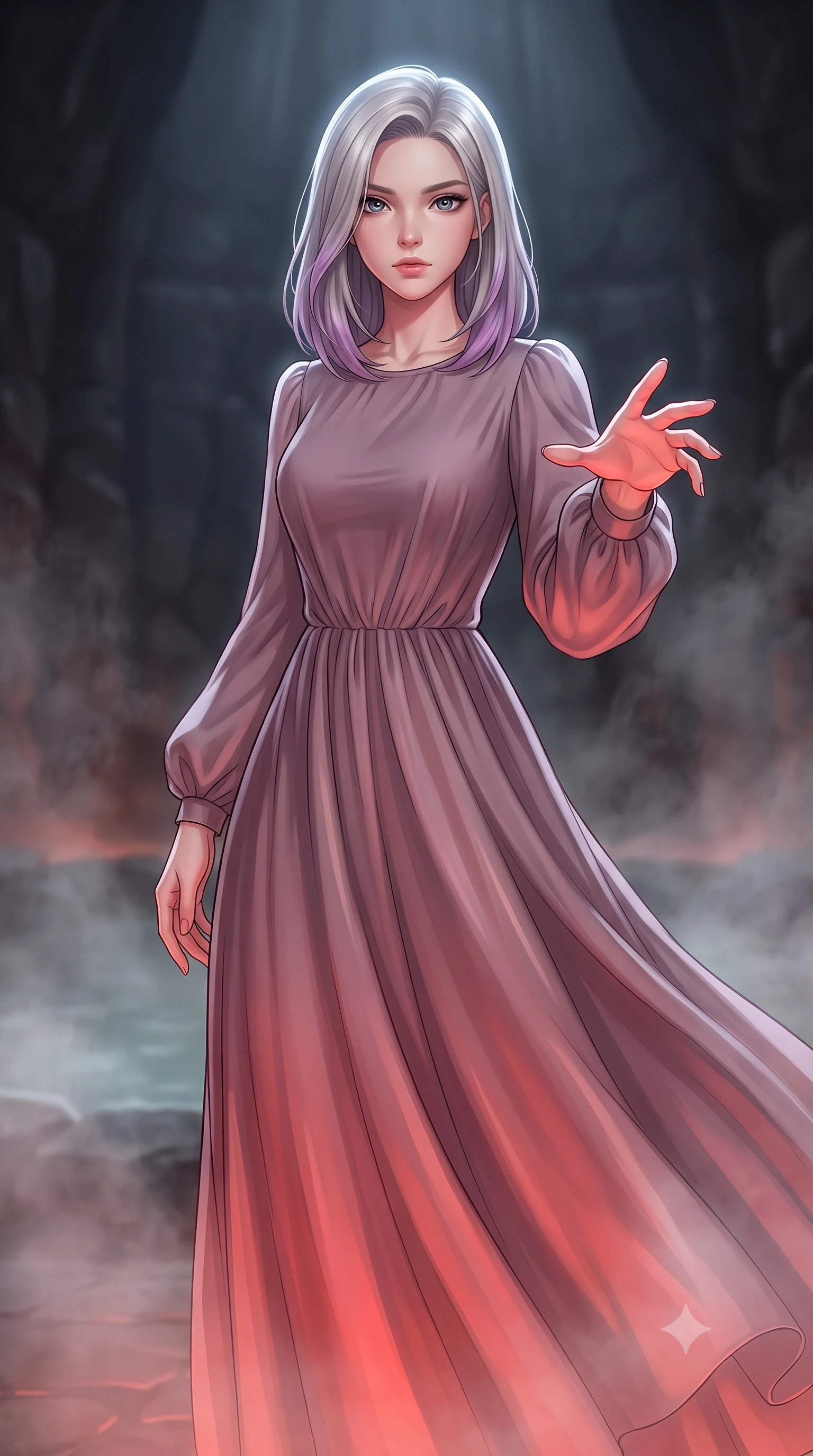 score_9, masterpiece, best quality, ultra-detailed, high-budget anime keyframe, editorial fashion photography, tasteful artistic composition, Caucasian woman woman. close-up cowboy shot from the waist and thighs up, the character dominates the composition, filling the frame with her large presence, background elements kept in soft focus. She has an exceptionally elegant, slender, and willowy female figure with an ultra-slim waist, a gracefully sculpted slender torso, and a refined silhouette. reaching one hand toward the viewer with relaxed elegance, her gaze holding quiet authority, flawlessly proportioned anatomical accuracy, natural body alignment, perfectly sculpted elegant limbs, clean dynamic posture without body distortion. set against a soft-focus background of a dark basalt thermal bath chamber with rising mineral steam. wearing a serene dusty mauve chiffon maxi dress with long bishop sleeves. bathed in warm crimson furnace glow from below contrasting with cool top ambient light. highly saturated vibrant anime colors, detailed shading with soft gradients, rich glossy textures, high-contrast stereoscopic depth, volumetric dynamic lighting, master piece, 9:16 ratio