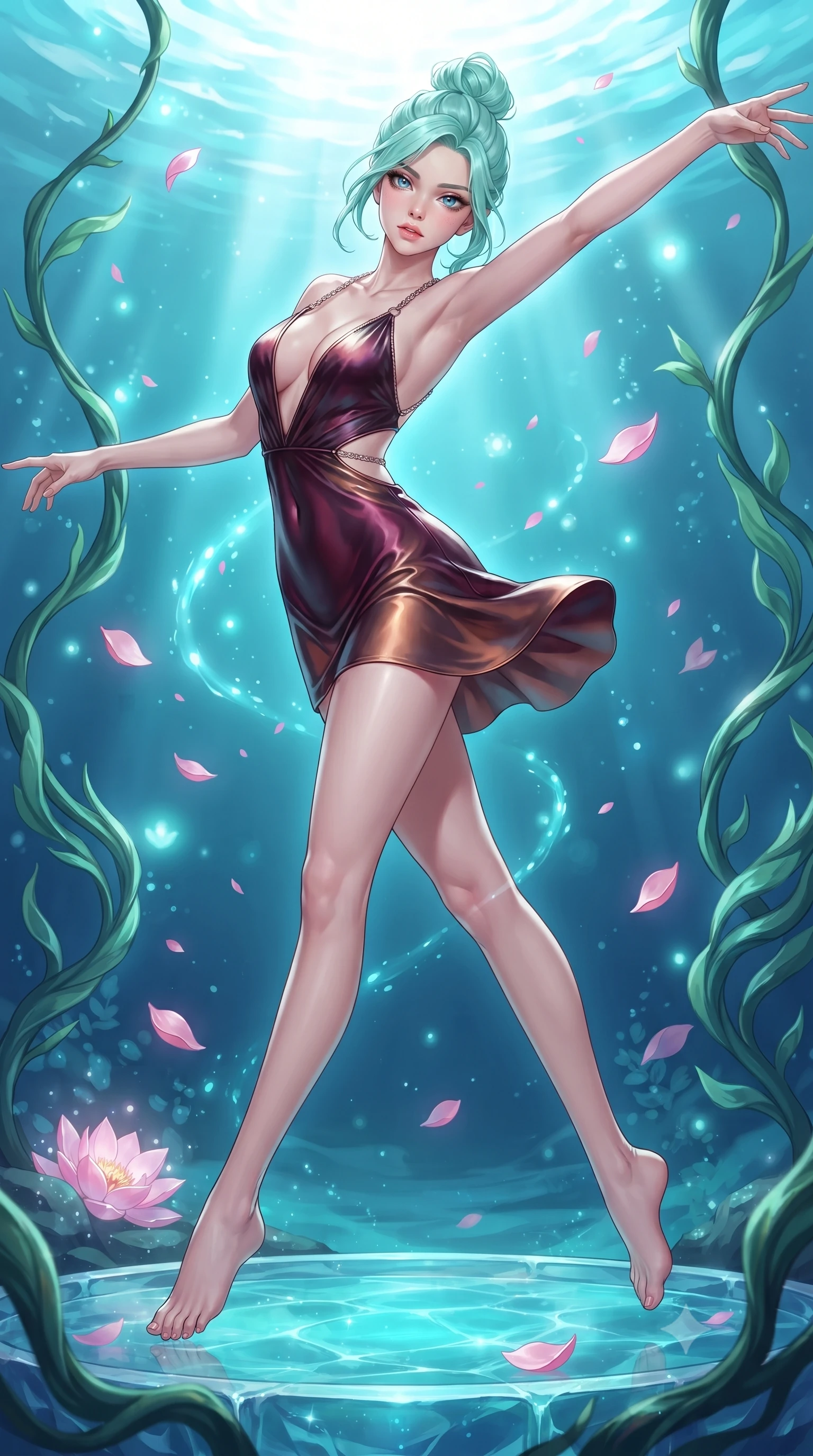 score_9, masterpiece, best quality, ultra-detailed, high-budget anime keyframe, editorial fashion photography, tasteful artistic composition, Japanese woman. low angle full-body shot from head to toe showing her feet, filling the entire 9:16 vertical frame with her statuesque presence, stretching her vertical silhouette. performing an athletic mid-air rotation with flawless poise, her vertical silhouette beautifully stretched while pivoting her torso in an S-curve alignment over a crystal water altar flanked by sea vines, glowing pink lotus petals scattering soft bioluminescent spores around her silhouette. She has an absolutely perfect, statuesque 8.5-heads proportion, an exceptionally tall and slender model-like female figure with impossibly long slender legs and an ultra-slim waist. sharp v-shaped jawline, high-bridge nose, intricate jewel-like eyes with depth, thick eyelashes, glossy lips with a natural sheen, flawlessly proportioned anatomical accuracy, natural body alignment, perfectly sculpted elegant limbs, clean dynamic posture without body distortion. wearing a liquid mercury gloss mini dress with ultra-deep V-neck and waist cutouts in deep burgundy and bronze, crafted from smooth liquid silk, adorned with delicate metallic chain straps along the neckline, the form-contouring material highlighting her ultra-slim waist and long lines. bathed in brilliant underwater sunbursts and luminous turquoise caustic glow. ultra-reflective glossy finish, specular highlights, metallic sheen, high-contrast stereoscopic depth, volumetric dynamic lighting, 2k, ultra detail, master piece, 9:16 ratio