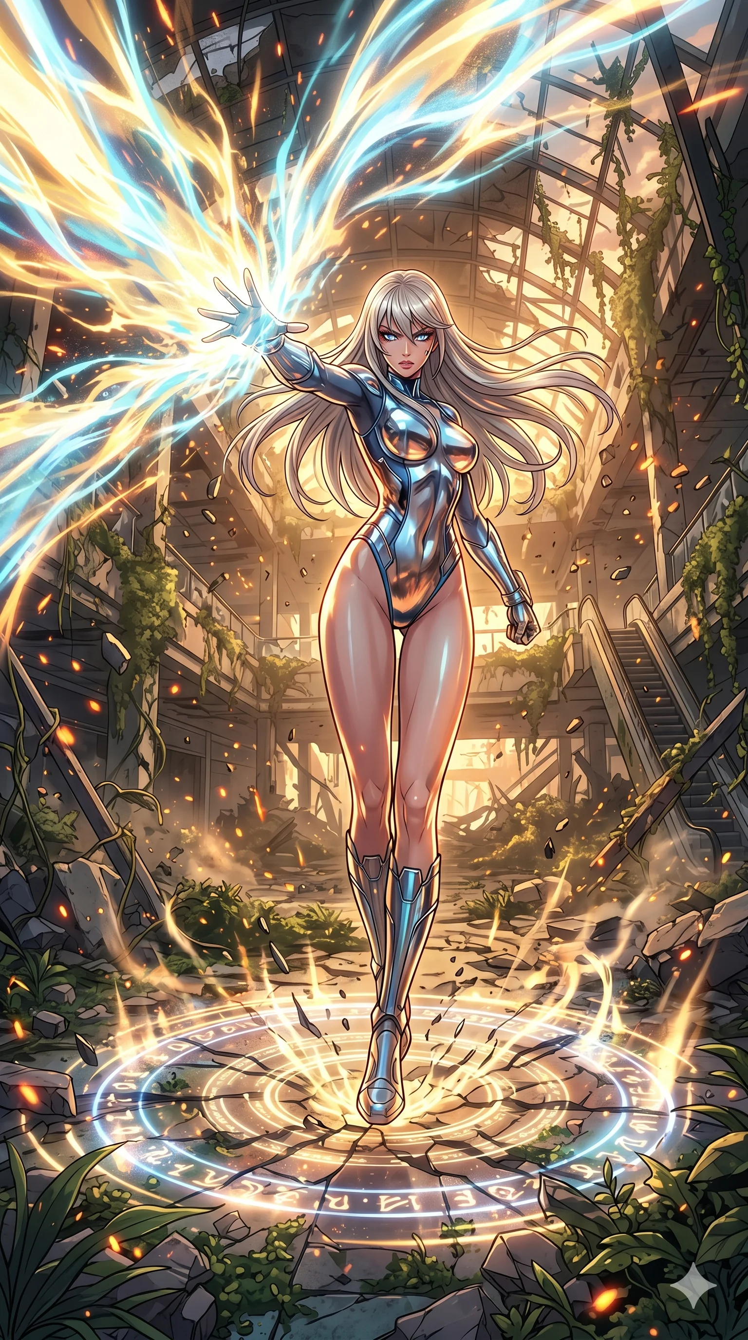 score_9, masterpiece, best quality, ultra-detailed, Set A: High-budget Anime Keyframe, Caucasian (human ears) woman. Low angle cowboy shot filling the entire 9:16 frame with her statuesque presence. Theme: Ethereal Dream. unleashing a massive energy wave in a ruined overgrown shopping mall, as she steps on ripples of time that distort the space 181. The atmosphere is filled with golden hour with floating embers. She has an absolutely perfect 8-heads proportion, an exceptionally tall and slender female figure with impossibly long slender legs and an ultra-slim waist. Sharp v-shaped jawline, high-bridge nose, intricate jewel-like eyes with depth, glossy lips. Wearing Mirror-surface metallic bodysuit that reflects the environment, with high-cut legs. Cinematic lighting, vivid colors, dramatic shadows, 2k, ultra detail, master piece, 9:16 ratio