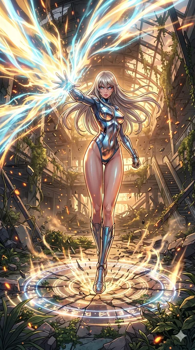 score_9, masterpiece, best quality, ultra-detailed, Set A: High-budget Anime Keyframe, Caucasian (human ears) woman. Low angle cowboy shot filling the entire 9:16 frame with her statuesque presence. Theme: Ethereal Dream. unleashing a massive energy 