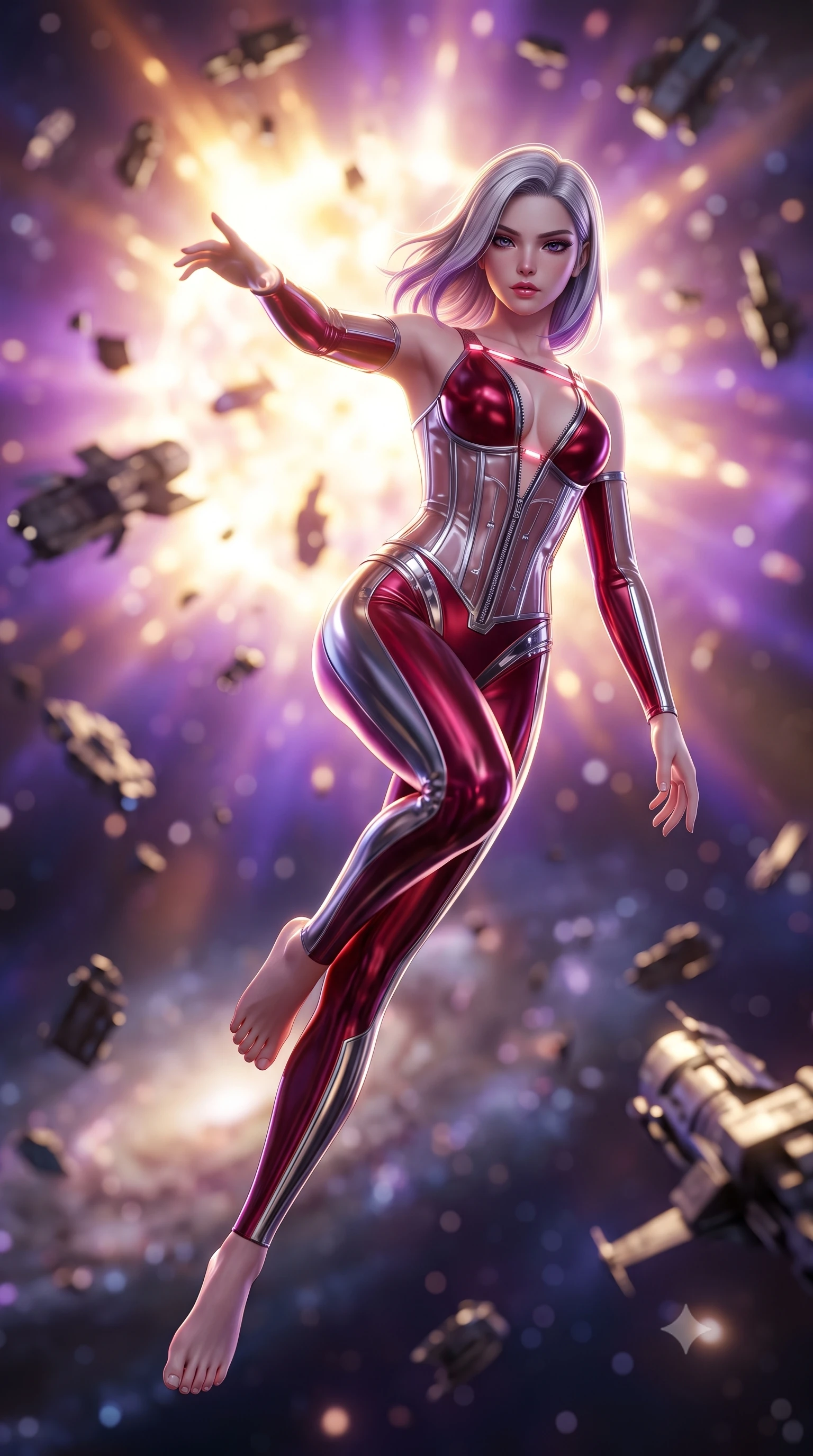 score_9, masterpiece, best quality, ultra-detailed, high-budget anime keyframe, semi-realistic 3D game render, editorial fashion photography, tasteful artistic composition, Caucasian woman. low angle full-body shot from head to toe showing her feet, filling the entire 9:16 vertical frame with her statuesque presence, stretching her vertical silhouette. performing an alluring mid-air vault with flawless poise, looking directly into the camera with smoldering intensity while extending one arm gracefully toward the exploding celestial star with an ethereal, smoldering expression. The composition keeps background elements in soft focus with creamy bokeh. blazing supernova shockwaves and floating starship debris blurred into brilliant violet and gold bokeh. She has an absolutely perfect, statuesque 8.5-heads proportion, an exceptionally tall and slender model-like female figure with impossibly long slender legs and an ultra-slim waist. sharp v-shaped jawline, high-bridge nose, intricate jewel-like eyes with depth, thick eyelashes, glossy lips with a natural sheen, flawlessly proportioned anatomical accuracy, natural body alignment, perfectly sculpted elegant limbs, clean dynamic posture without body distortion. wearing a translucent cybernetic corset in semi-opaque structured vinyl, combined with detached sleeves and a deep-plunging neckline secured by glowing micro-straps in deep ruby red and polished chrome accents, made of liquid metal jersey that clings flawlessly to every contour of her build, featuring a dangerously unzipped neckline framed by glowing cybernetic accents, the sleek aerodynamic cut emphasizing her magnetic presence and alluring physical grace. surrounded by a sublime, infinite, and breathtakingly divine cosmic goddess aura. highly saturated vibrant anime colors, detailed shading with soft gradients, rich glossy textures, high-contrast stereoscopic depth, volumetric dynamic lighting, master piece, 9:16 ratio