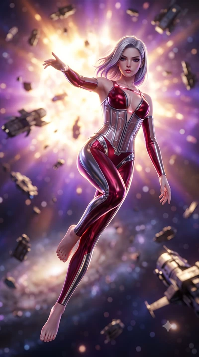 score_9, masterpiece, best quality, ultra-detailed, high-budget anime keyframe, semi-realistic 3D game render, editorial fashion photography, tasteful artistic composition, Caucasian woman. low angle full-body shot from head to toe showing her feet, 