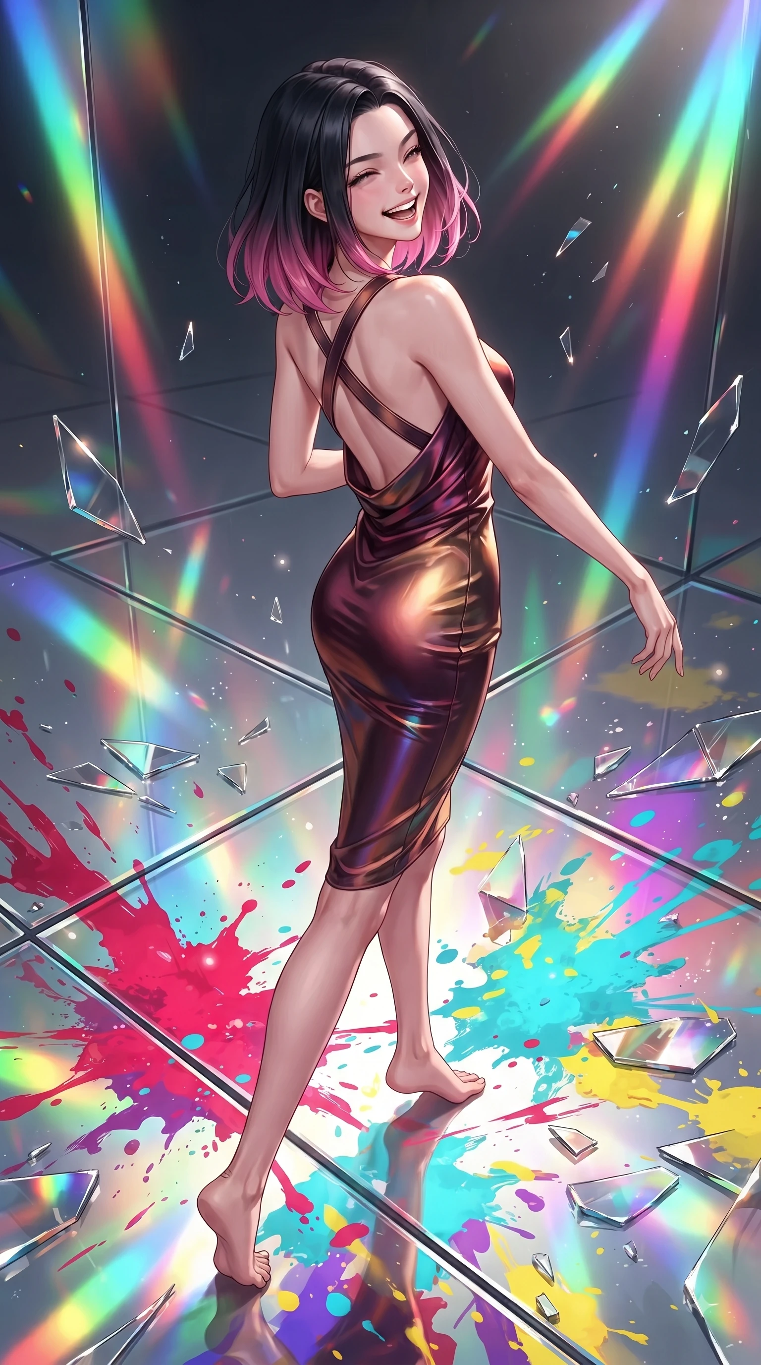 score_9, masterpiece, best quality, ultra-detailed, high-budget anime keyframe, editorial fashion photography, tasteful artistic composition, Korean woman. low angle full-body shot from head to toe showing her feet, filling the entire 9:16 vertical frame with her statuesque presence, stretching her vertical silhouette. pivoting dynamically in zero-gravity with a delighted laughing expression, displaying her perfect model proportions while pivoting gracefully on a reflective glass floor drenched in vibrant multi-color paint splashes, shattered mirror shards scattering brilliant rainbow reflections and happy energy everywhere. She has an absolutely perfect, statuesque 8.5-heads proportion, an exceptionally tall and slender model-like female figure with impossibly long slender legs and an ultra-slim waist. sharp v-shaped jawline, high-bridge nose, intricate jewel-like eyes with depth, thick eyelashes, glossy lips with a natural sheen, flawlessly proportioned anatomical accuracy, natural body alignment, perfectly sculpted elegant limbs, clean dynamic posture without body distortion. wearing a precision-fitted liquid jersey bodycon dress with a graceful draped back in deep burgundy and bronze, crafted from lustrous satin jersey with fluid draping, complemented by criss-cross back straps highlighting her bare shoulders, the elegant draped fit framing her graceful clavicle and slender torso. illuminated by brilliant multi-color rainbow light refracting through glass prisms. ultra-reflective glossy finish, specular highlights, metallic sheen, high-contrast stereoscopic depth, volumetric dynamic lighting, 2k, ultra detail, master piece, 9:16 ratio