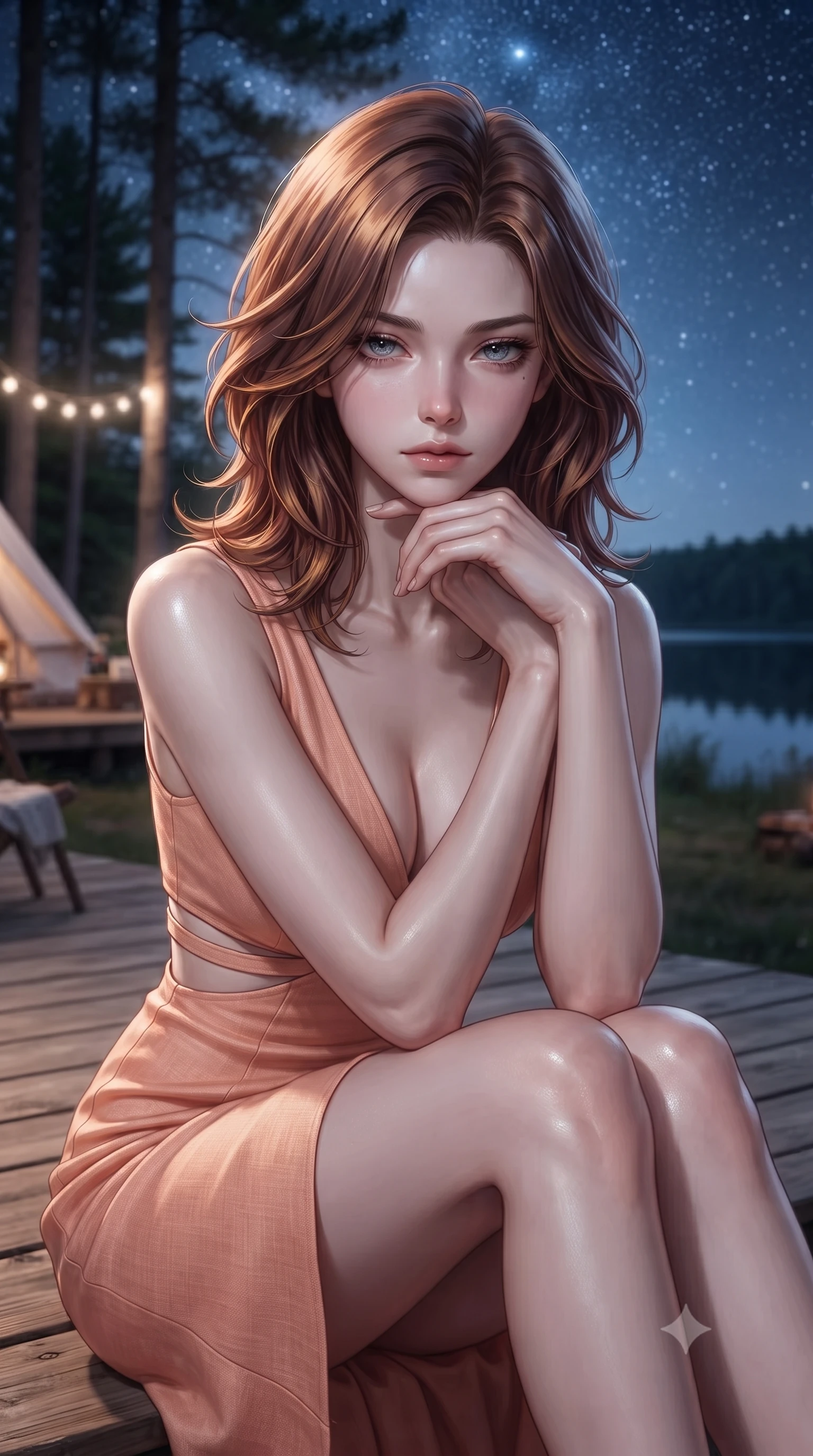 score_9, masterpiece, best quality, ultra-detailed, high-budget anime keyframe, editorial fashion photography, tasteful artistic composition, Korean woman. close-up cowboy shot from the waist and thighs up, the character dominates the composition, filling the frame with her large presence, background elements kept in soft focus. resting her chin on the backs of her fingers, casting a heavy-lidded, sultry look past the camera the background shows a soft-focus a wooden deck of a lakeside glamping site under a starry night sky and tall trees. She has an exceptionally elegant, slender, and willowy female figure with an ultra-slim waist, a gracefully sculpted slender torso, and a refined silhouette. sharp v-shaped jawline, high-bridge nose, intricate jewel-like eyes with depth, thick eyelashes, glossy lips with a natural sheen. wearing a form-contouring summer sundress with double waist cutouts and a plunging neckline in peach linen. soft silver moonlight wrapping her silhouette in a cool cosmic glow. ultra-reflective glossy finish, specular highlights, metallic sheen, high-contrast stereoscopic depth, volumetric dynamic lighting, 2k, ultra detail, master piece, 9:16 ratio