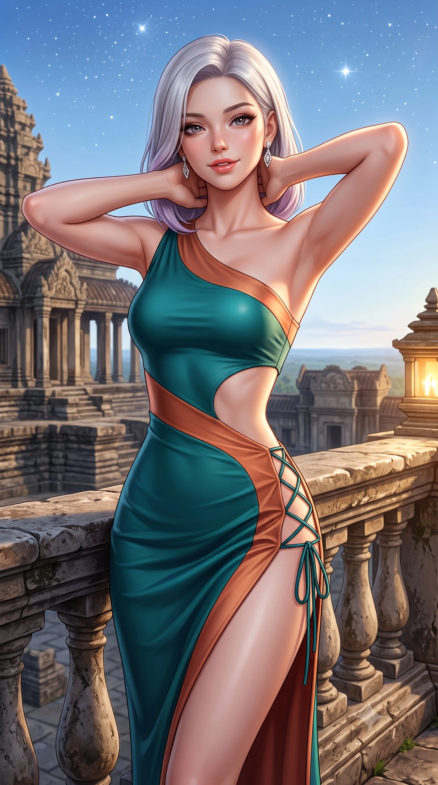 score_9, masterpiece, best quality, ultra-detailed, high-budget anime keyframe, semi-realistic 3D game render, editorial fashion photography, tasteful artistic composition, Caucasian woman. close-up cowboy shot from the waist and thighs up, the character dominates the composition, filling the frame with her large presence. resting both hands lightly behind her neck with elbows raised, arching her spine to highlight her narrow waist, flat midriff, and breathtaking collarbones while leaning against the weathered stone balustrade overlooking the infinite horizon with hips cocked back, casting an intoxicating bedroom-smile. The surrounding environment is rendered in vivid detail and crisp panoramic clarity: detailed backless halterneck column gown drape, diamond earrings sparkle, and UNESCO heritage architecture in high resolution. She has an exceptionally elegant, slender, and willowy female figure with an ultra-slim waist, flat toned midriff, narrow ribcage, and sculpted feminine hips creating an alluring, slim hourglass silhouette without bulk. sharp v-shaped jawline, high-bridge nose, sparkling eyes with hypnotic seductive depth, thick curled eyelashes, glossy parted lips with a natural dewy peach sheen, alluring bedroom-eyes with an enchanting coquettish smile, exuding magnetic siren charisma and sophisticated glamour, flawlessly proportioned anatomical accuracy, strict slender model proportions, natural body alignment, perfectly sculpted long slender limbs, ultra-slim waistline, clean dynamic posture without body distortion. wearing an asymmetric one-shoulder liquid jersey gown with dramatic hip-high slit and sculptural waist cutout in Ubud rainforest teal and sunset copper, tailored from fine structural neoprene with crisp architectural edges and smooth contouring, featuring fine criss-cross lace-up side ties revealing tantalizing glimpses of her hip curve, the second-skin tailored fabric adhering flawlessly to her sculpted flat midriff and slender torso, emphasizing her long leg lines and perfectly proportioned willowy build. bathed in warm 2800K garden walkway lantern light combined with brilliant celestial starlight. highly saturated vibrant anime colors, detailed shading with soft gradients, rich glossy textures, high-contrast stereoscopic depth, volumetric dynamic lighting, master piece, 9:16 ratio