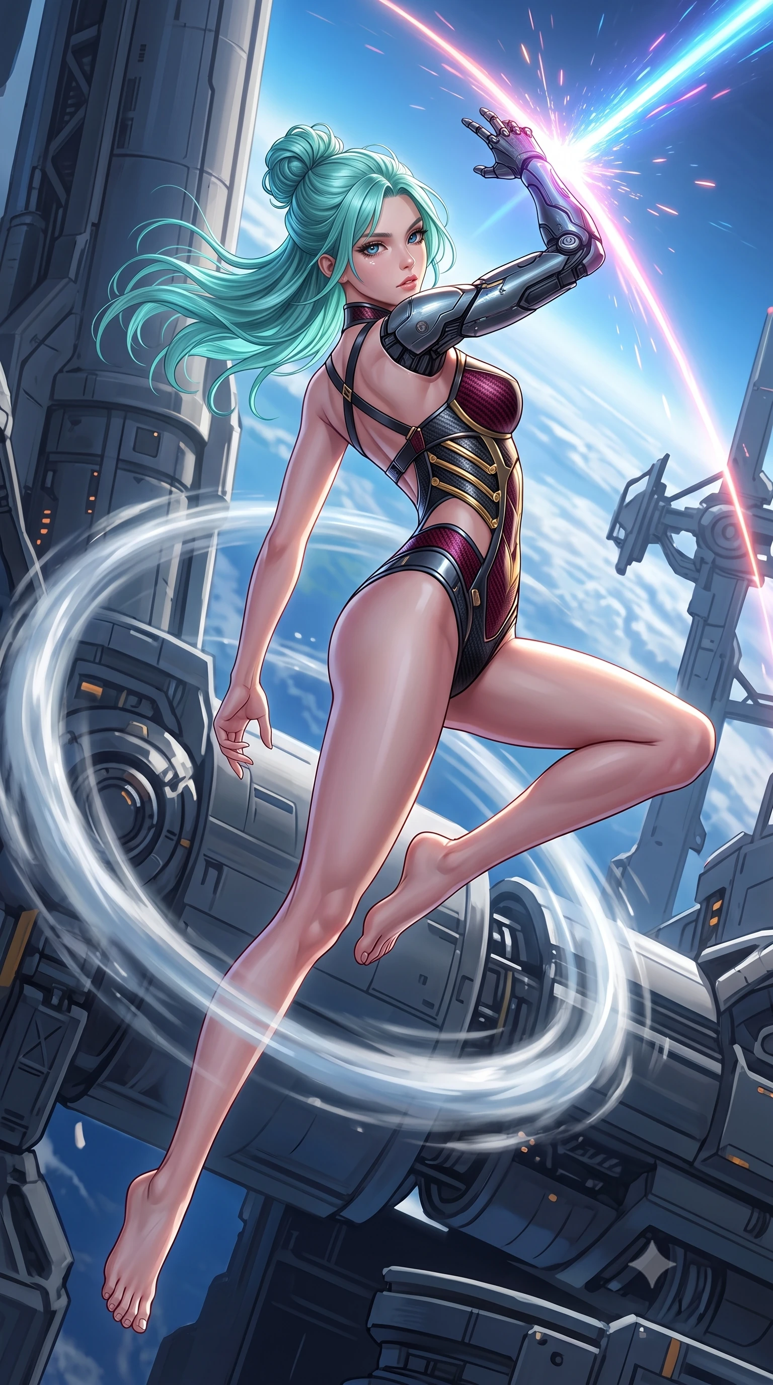 score_9, masterpiece, best quality, ultra-detailed, high-budget anime keyframe, semi-realistic 3D game render, editorial fashion photography, tasteful artistic composition, Japanese woman. low angle full-body shot from head to toe showing her feet, filling the entire 9:16 vertical frame with her statuesque presence, stretching her vertical silhouette. leaping into mid-air with an athletic yet alluring arch of her spine, driving a downward kinetic strike surrounded by a ring of displaced air while pivoting dynamically as her cybernetic arm deflects a high-velocity particle beam into the upper atmosphere. The surrounding environment is rendered in vivid detail and crisp panoramic clarity. high-contrast orbital chiaroscuro and monumental space-age engineering captured with environmental precision. She has an absolutely perfect, statuesque 8.5-heads proportion, an exceptionally tall and slender model-like female figure with impossibly long slender legs, a toned flat midriff, and an ultra-slim waist. sharp v-shaped jawline, high-bridge nose, intricate jewel-like eyes with depth, thick eyelashes, glossy lips with a natural sheen, flawlessly proportioned anatomical accuracy, strict slender model proportions, natural body alignment, perfectly sculpted long slender limbs, ultra-slim waistline, clean dynamic posture without body distortion. wearing a precision-tailored high-fashion carbon-fiber corset bodysuit with gold mechanical rib boning and kinetic shock-dampening palms in deep crimson carbon weave with specular dark chrome accents, crafted from ultra-strong woven carbon-fiber composite with a satin luster, complemented by criss-cross back harness straps highlighting her completely bare spine, the precision-cut daring openings accentuating her delicate midriff, graceful bare collarbones, and ultra-slim feminine waistline. bathed in dazzling high-noon orbital sunlight and rich blue Earth ambient bounce light. rich saturated anime colors with glowing neon highlights, detailed shading with soft gradients, rich glossy textures, high-contrast stereoscopic depth, volumetric dynamic lighting, master piece, 9:16 ratio