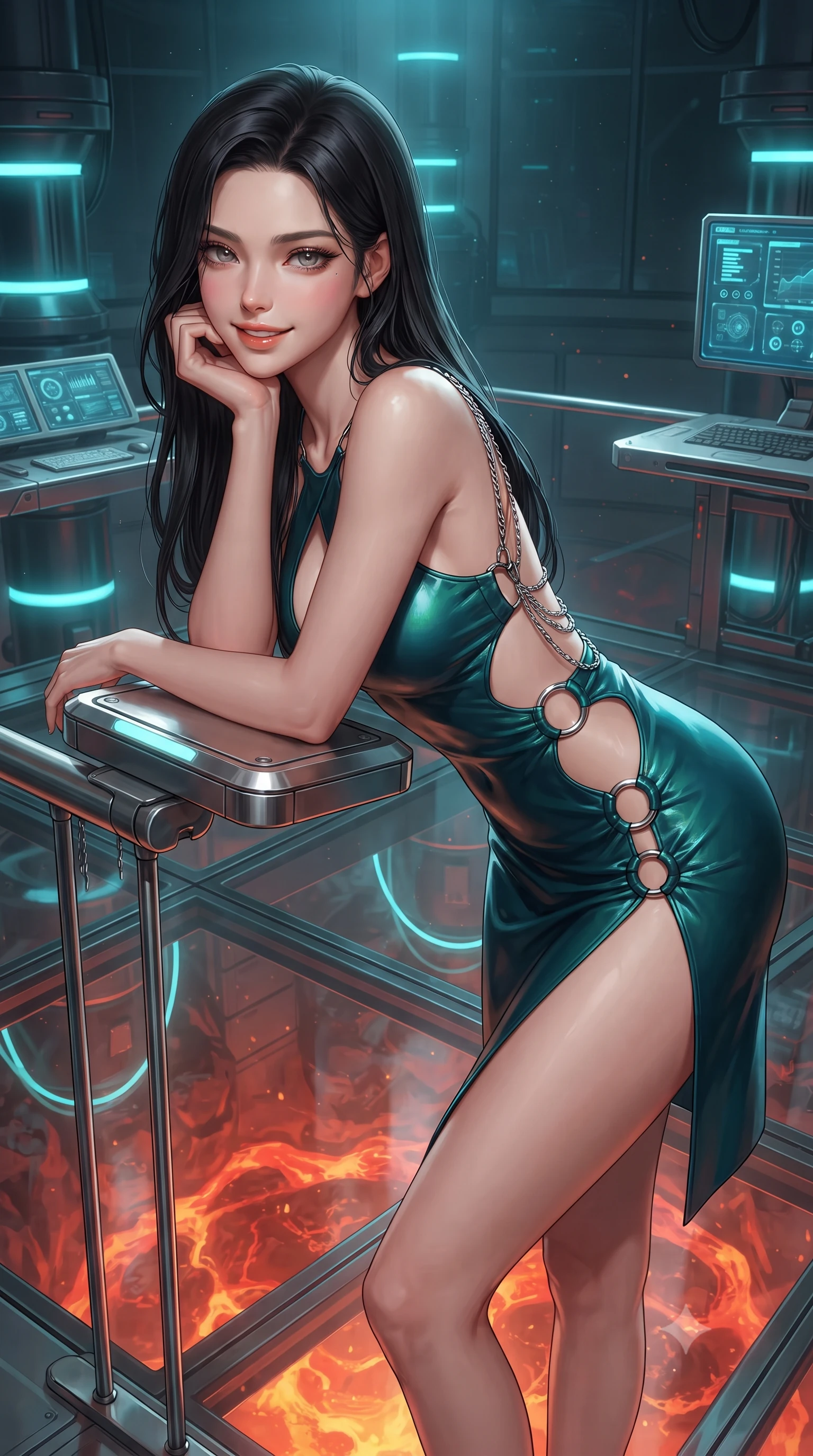 score_9, masterpiece, best quality, ultra-detailed, high-budget anime keyframe, editorial fashion photography, tasteful artistic composition, Korean woman. close-up cowboy shot from the waist and thighs up, the character dominates the composition, filling the frame with her large presence. resting one elbow on the table and supporting her chin, leaning close to the camera with heavy-lidded sparkling eyes and parted lips while standing poised on the suspended glass-and-titanium platform directly over a churning subterranean magma vortex, arching her back with high-fashion supermodel confidence. The surrounding environment is rendered in vivid detail and crisp panoramic clarity: sharp seamless transparent armor-glass floor panels, superconducting laser emitter coils, and digital telemetry monitors in deep focus. She has an exceptionally elegant, slender, and willowy female figure with an ultra-slim waist, flat toned midriff, narrow ribcage, and sculpted feminine hips creating an alluring, slim hourglass silhouette without bulk. sharp v-shaped jawline, high-bridge nose, intricate jewel-like sparkling eyes with depth, thick eyelashes, glossy parted lips with a natural peach sheen, bright cheerful beaming smile with an enchanting and coquettish sensual glint, exuding both youthful cute charm and seductive allure, flawlessly proportioned anatomical accuracy, strict slender model proportions, natural body alignment, perfectly sculpted long slender limbs, ultra-slim waistline, clean dynamic posture without body distortion. wearing a provocative open-waist combat cutout mini dress framed by polished chrome ring hardware and thigh-high slit in bioluminescent emerald and abyssal sapphire, woven from buttery-soft stretch lambskin leather adhering to her body like a second skin, accented with an open-back drape framed by falling strands of delicate chrome chains, the liquid-tight tailored fabric clinging flawlessly to her narrow waist and rounded feminine hips, emphasizing every millimeter of her sculpted slim hourglass curves without any bulky heaviness. bathed in the dual illumination of searing 2200K subterranean magma radiance and cold 480nm cyan magnetic containment lasers. ultra-reflective glossy finish, specular highlights, rich textural contrasts, high-contrast stereoscopic depth, volumetric dynamic lighting, 2k, ultra detail, master piece, 9:16 ratio