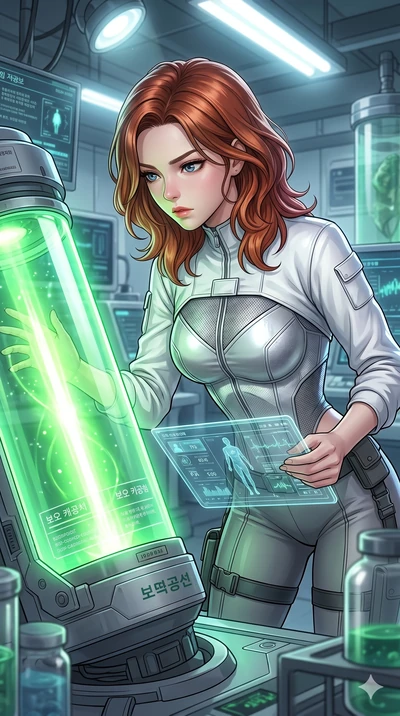 score_9, masterpiece, best quality, ultra-detailed, high-budget anime keyframe, Korean woman. Upper body close-up from the thighs up, character filling the screen for maximum presence. Inside a research lab, inspecting a glowing bio-capsule, holding 