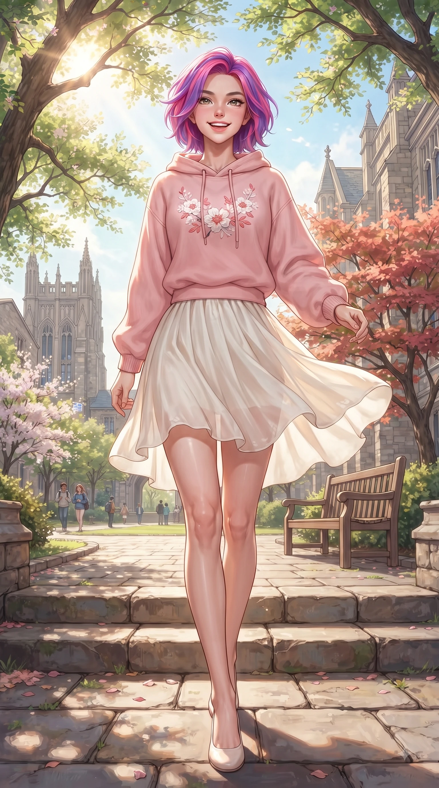 score_9, masterpiece, best quality, ultra-detailed, high-budget anime keyframe, editorial fashion photography, tasteful artistic composition, Caucasian woman. low angle full-body shot from head to toe showing her feet, filling the entire 9:16 vertical frame with her statuesque presence, stretching her vertical silhouette. walking forward in a proud dynamic stride with a cheerful beaming smile, her vertical silhouette filling the frame while sitting on a sunlit wooden bench under a shady maple tree on a bright morning campus. The surrounding environment is rendered in vivid detail and crisp panoramic clarity. bright spring sunbeams illuminating campus stone steps and oak trees with environmental clarity. She has an absolutely perfect, statuesque 8.5-heads proportion, an exceptionally tall and slender model-like female figure with impossibly long slender legs and an ultra-slim waist. sharp v-shaped jawline, high-bridge nose, intricate jewel-like eyes with depth, thick eyelashes, glossy lips with a natural sheen, flawlessly proportioned anatomical accuracy, natural body alignment, perfectly sculpted elegant limbs, clean dynamic posture without body distortion. wearing a cozy pastel-pink hoodie sweater paired with a white tennis skirt in warm coral pink and champagne ivory, made of fine lightweight chiffon that flutters gently in the breeze, featuring elegant flutter sleeves and a graceful square neckline, the breezy lightweight fabric fluttering softly against her delicate frame. surrounded by an uplifting, fresh, and youthful academic atmosphere. ultra-reflective glossy finish, specular highlights, metallic sheen, high-contrast stereoscopic depth, volumetric dynamic lighting, 2k, ultra detail, master piece, 9:16 ratio