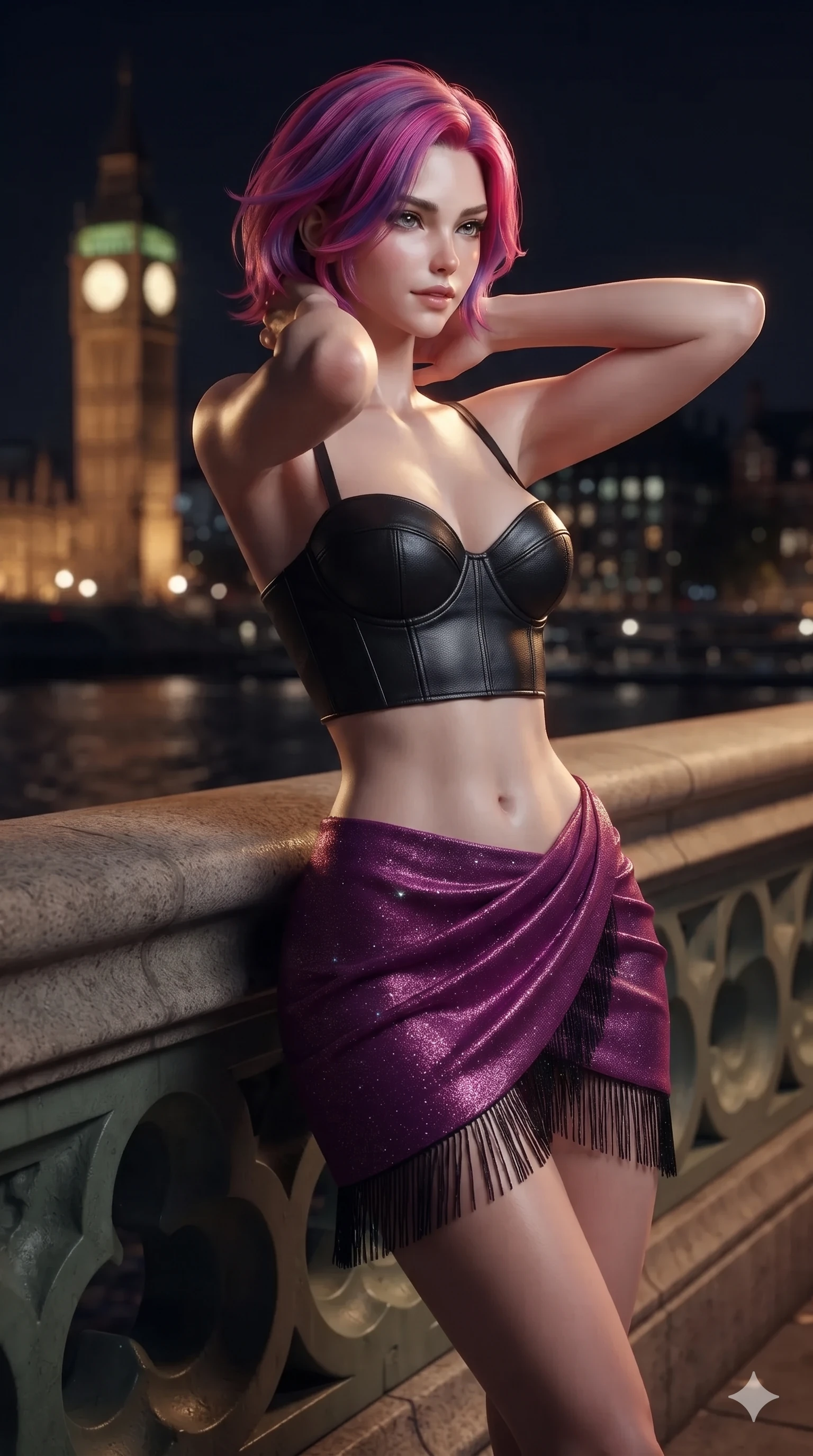 score_9, masterpiece, best quality, ultra-detailed, high-budget anime keyframe, editorial fashion photography, tasteful artistic composition, Caucasian woman. close-up cowboy shot from the waist and thighs up, the character dominates the composition, filling the frame with her large presence. resting both hands lightly behind her neck with elbows raised, arching her spine to highlight her narrow waist, flat midriff, and breathtaking collarbones while leaning against the carved stone river balustrade with hips cocked back, gazing across the Thames toward the illuminated Big Ben with smoldering bedroom-eyes. The background shows a soft-focus historic Thames embankment softened in atmospheric nocturnal shallow focus. She has an exceptionally elegant, slender, and willowy female figure with an ultra-slim waist, flat toned midriff, narrow ribcage, and sculpted feminine hips creating an alluring, slim hourglass silhouette without bulk. sharp v-shaped jawline, high-bridge nose, intricate jewel-like dark sparkling eyes with dangerous depth, thick curled eyelashes, glossy parted lips with a rich wine sheen, smoldering seductive half-smile with bedroom-eyes, exuding effortless superiority and intoxicating dark allure, flawlessly proportioned anatomical accuracy, strict slender model proportions, natural body alignment, perfectly sculpted long slender limbs, ultra-slim waistline, clean dynamic posture without body distortion. wearing a structured underwire leather bustier top paired with an ultra-short draped wrap mini skirt in royal amaranth purple and liquid platinum, woven from metallic lurex thread casting subtle starlight glints across the fabric, finished with delicate jet-black micro-fringe fluttering softly along her hips with each step, the glove-like silhouette tightly following the natural contour of her hips and long slender legs with youthful 8.5-heads elegance. illuminated by Thames water surface bounce and sharp golden-amber rim lights sculpting her razor-sharp jawline, narrow waist, and curvy hips. ultra-reflective glossy finish, specular highlights, rich textural contrasts, high-contrast stereoscopic depth, volumetric dynamic lighting, 2k, ultra detail, master piece, 9:16 ratio