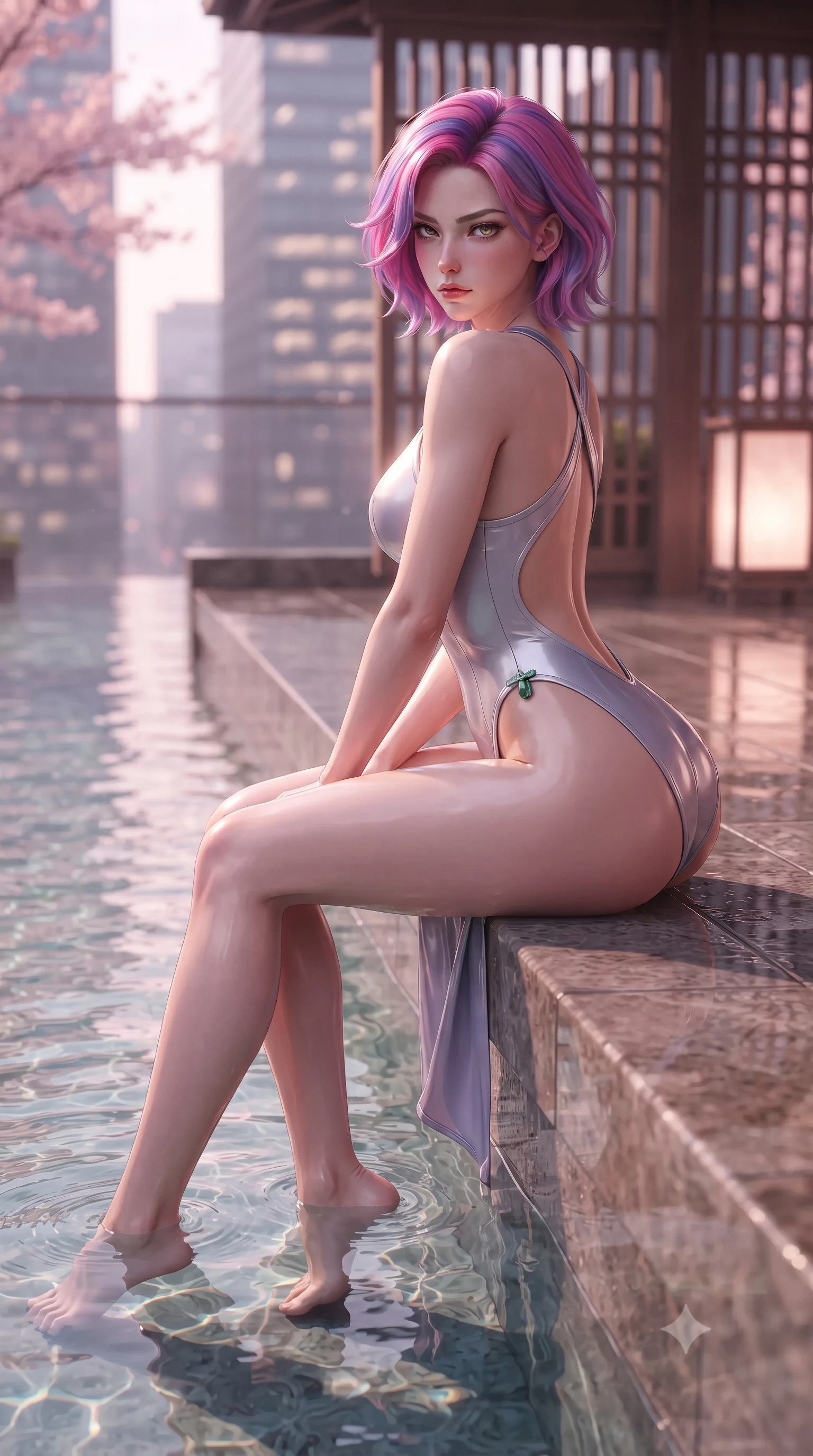 score_9, masterpiece, best quality, ultra-detailed, high-budget anime keyframe, editorial fashion photography, tasteful artistic composition, Caucasian woman. low angle full-body shot from head to toe showing her feet, filling the entire 9:16 vertical frame with her statuesque presence, stretching her vertical silhouette. posing with back turned slightly to the lens, glancing back with smoldering allure as she arches her lower back to emphasize her sculpted feminine hips and slender waist while sitting on the stone infinity pool edge with legs dipped in water, turning her upper body in an alluring S-curve toward the camera. The surrounding environment is rendered in vivid detail and crisp panoramic clarity. detailed mineral pool ripple caustics, cedar lattice work, and city skyscraper windows in high clarity. She has an absolutely perfect, statuesque 8.5-heads proportion, an exceptionally tall and slender model-like female figure with impossibly long slender legs, a toned flat midriff, an ultra-slim waist, and beautifully sculpted feminine hips. sharp v-shaped jawline, high-bridge nose, intricate jewel-like eyes with depth, thick eyelashes, glossy parted lips with a natural sheen, intensely captivating and seductive bedroom-eyes expression, flawlessly proportioned anatomical accuracy, strict slender model proportions, natural body alignment, perfectly sculpted long slender limbs, ultra-slim waistline, clean dynamic posture without body distortion. wearing a second-skin thermal onsen monokini with high-cut hip openings and crossed back straps in moonlit silver and lavender mist, made of flexible second-skin stretch neoprene with specular sheen, finished with an ultra-high side slit secured by miniature jade clasps, the precision-cut side openings and low-back scoop framing her graceful spine and the sensual sweep of her hips. bathed in soft pink cherry blossom ambient glow and warm underwater mineral pool lights. ultra-reflective glossy finish, specular highlights, rich textural contrasts, high-contrast stereoscopic depth, volumetric dynamic lighting, 2k, ultra detail, master piece, 9:16 ratio