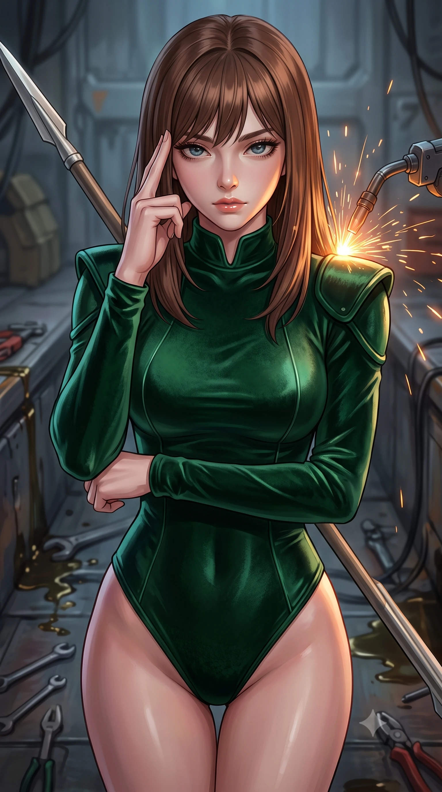 score_9, masterpiece, best quality, ultra-detailed, high-budget anime keyframe, editorial fashion photography, tasteful artistic composition, Korean woman. close-up cowboy shot from the waist and thighs up, the character dominates the composition, filling the frame with her large presence, background elements kept in soft focus. pressing two fingers to her temple while holding a light-spear diagonally behind her in a composed thoughtful gesture, the background shows a soft-focus a mech maintenance trench filled with tools and leaking synthetic hydraulic oil. She has an exceptionally elegant, slender, and willowy female figure with an ultra-slim waist, a gracefully sculpted slender torso, and a refined silhouette. sharp v-shaped jawline, high-bridge nose, intricate jewel-like eyes with depth, thick eyelashes, glossy lips with a natural sheen. wearing a tailored form-contouring deep emerald green velvet bodysuit with a high mock-neck collar and structured shoulder guards. warm orange sparks flying from a robotic welding torch casting cozy shadows. highly saturated vibrant anime colors, detailed shading with soft gradients, rich glossy textures, high-contrast stereoscopic depth, volumetric dynamic lighting, master piece, 9:16 ratio