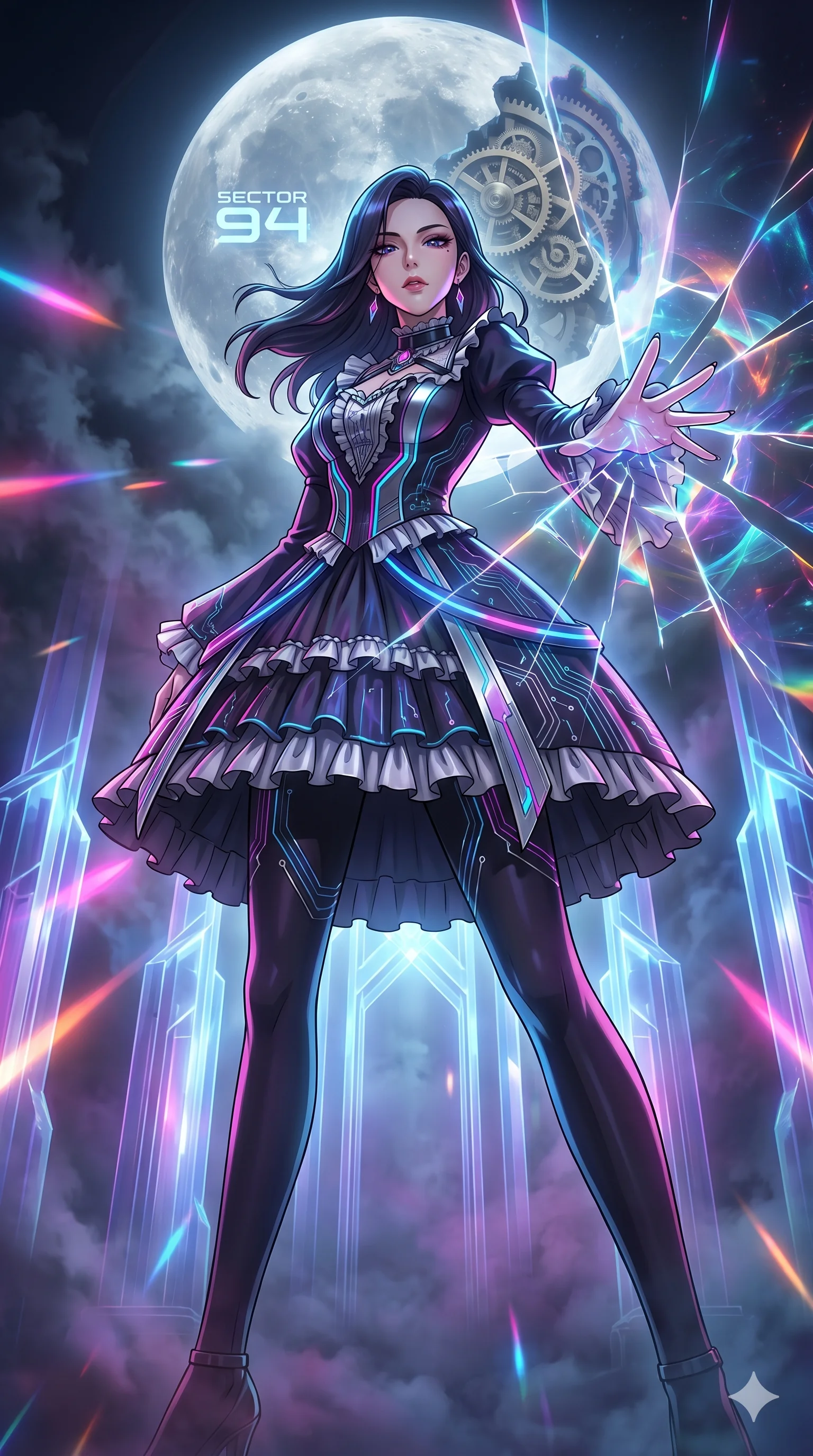 score_9, masterpiece, best quality, ultra-detailed, Set A: High-budget Anime Keyframe, Korean woman. Low angle cowboy shot filling the entire 9:16 frame with her statuesque presence. Theme: Ethereal Dream. shattering the fabric of reality in a temple made of solid light, with a massive clockwork moon ticking behind her as sector 94. The atmosphere is filled with heavy smog with neon flares. She has an absolutely perfect 8-heads proportion, an exceptionally tall and slender female figure with impossibly long slender legs and an ultra-slim waist. Sharp v-shaped jawline, high-bridge nose, intricate jewel-like eyes with depth, glossy lips. Wearing Gothic-lolita tech-dress with mechanical lace ruffles and glowing LED ribbons. Cinematic lighting, vivid colors, dramatic shadows, 2k, ultra detail, master piece, 9:16 ratio