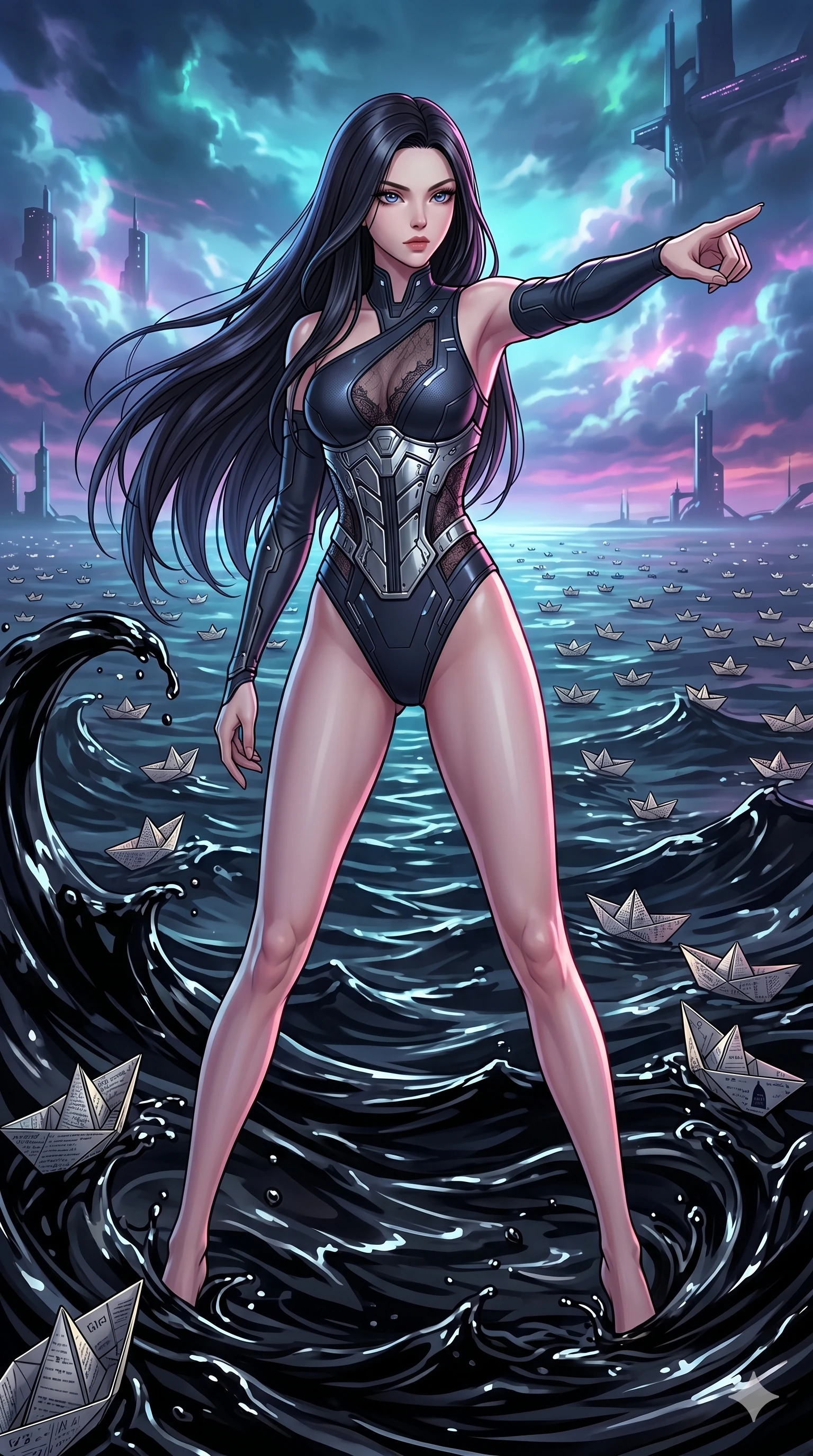 score_9, masterpiece, best quality, ultra-detailed, high-budget anime movie keyframe, cinematic anime lighting, intricate line art, Korean woman. Dynamic full-body shot stretching the vertical silhouette with extreme perspective. commanding a fleet of paper boats to sail on a sea of ink. She has an absolutely perfect 8-heads proportion, an exceptionally tall and slender female figure with an ultra-slim waist and impossibly long slender legs. strictly human anatomy, two legs only, no extra limbs, clearly defined legs and arms, perfect anatomy, perfect hands and fingers. sharp v-shaped jawline, high-bridge nose, intricate jewel-like eyes, thick eyelashes, glossy lips. Wearing Cyber-Tech Legacy: Asymmetrical high-cut tech-bodysuit with detached sleeves and chrome-plated corset over sheer lace. The scene is illuminated by dramatic atmospheric lighting and vibrant color palettes. , 2k, ultra detail, master piece, 9:16 ratio
