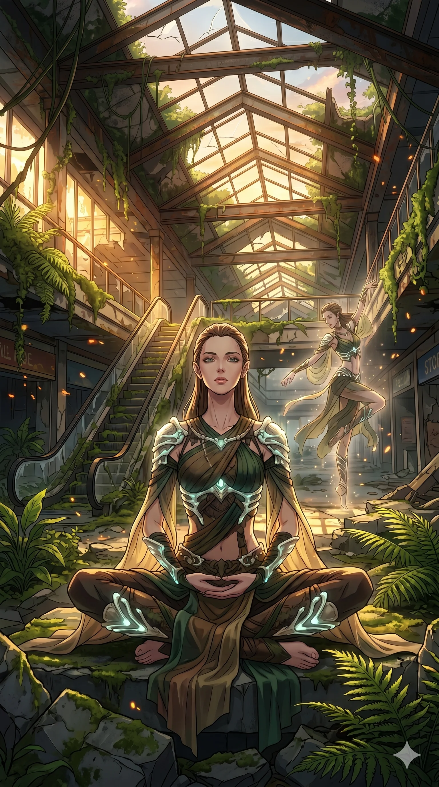 score_9, masterpiece, best quality, ultra-detailed, Set A: High-budget Anime Keyframe, Caucasian (human ears) woman. Low angle cowboy shot filling the entire 9:16 frame with her statuesque presence. Theme: Ethereal Dream. meditating in a ruined overgrown shopping mall, as her reflection in the air starts to dance independently 185. The atmosphere is filled with golden hour with floating embers. She has an absolutely perfect 8-heads proportion, an exceptionally tall and slender female figure with impossibly long slender legs and an ultra-slim waist. Sharp v-shaped jawline, high-bridge nose, intricate jewel-like eyes with depth, glossy lips. Wearing Primal jungle-warrior outfit with bioluminescent bone-armor and sheer silk wraps. Cinematic lighting, vivid colors, dramatic shadows, 2k, ultra detail, master piece, 9:16 ratio