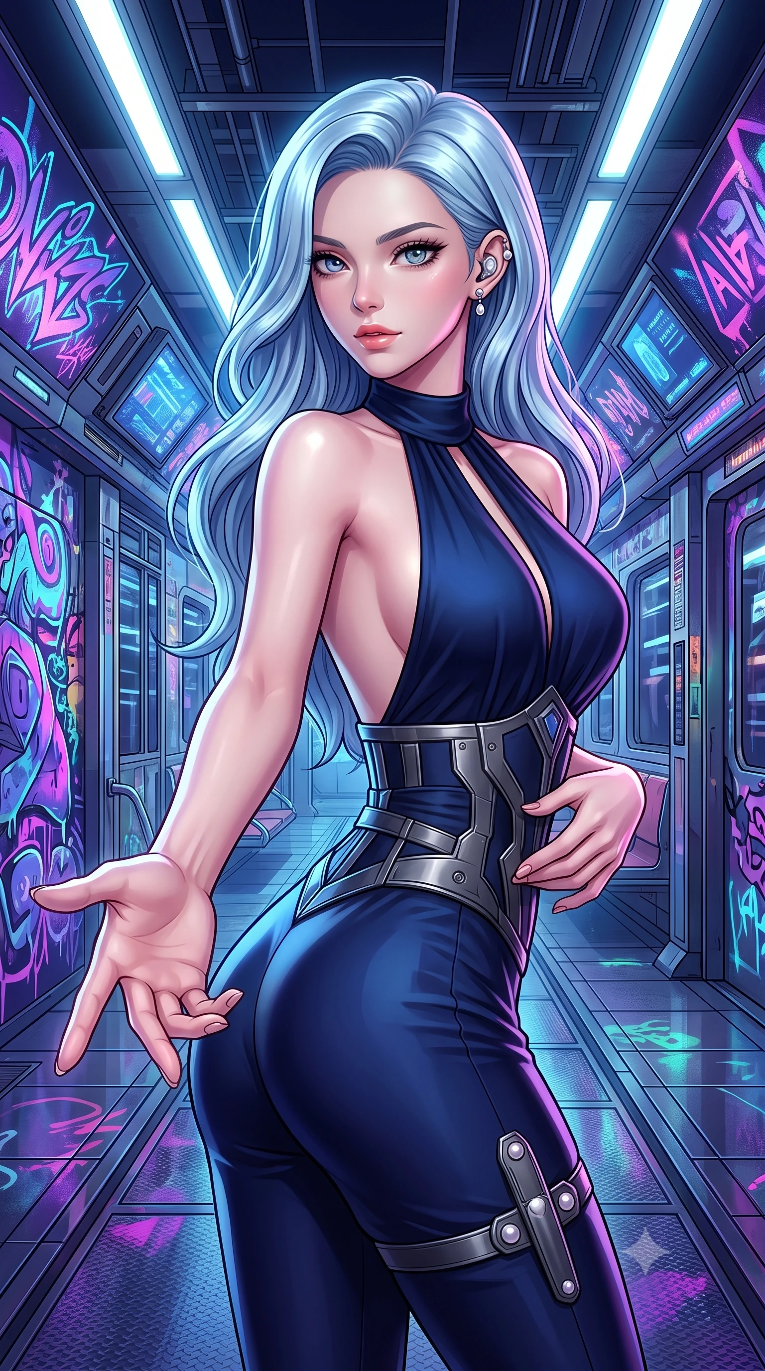 score_9, masterpiece, best quality, ultra-detailed, high-budget anime keyframe, semi-realistic 3D game render, editorial fashion photography, tasteful artistic composition, Korean woman. close-up cowboy shot from the waist and thighs up, the character dominates the composition, filling the frame with her large presence. extending one slender arm gracefully toward the foreground while casting an affectionate, mesmerizing glance while posing dynamically in a futuristic subway station corridor covered in glowing ultraviolet cyber-graffiti murals. The surrounding environment is rendered in vivid detail and crisp panoramic clarity. high-contrast cyberpunk street chiaroscuro and raw urban subway aesthetics rendered with precision. She has an exceptionally elegant, slender, and willowy female figure with an ultra-slim waist, a gracefully sculpted slender torso, toned flat midriff, and a refined slim silhouette. sharp v-shaped jawline, high-bridge nose, intricate jewel-like eyes with depth, thick eyelashes, glossy lips with a natural sheen, captivating and magnetic expression, flawlessly proportioned anatomical accuracy, strict slender model proportions, natural body alignment, perfectly sculpted long slender limbs, ultra-slim waistline, clean dynamic posture without body distortion. wearing a high-society undercover halter-neck jumpsuit with a tailored deep-V back and integrated tactical waist cincher in deep midnight blue and brushed gunmetal, tailored from fluid silk crepe with inner ballistic reinforcement, accessorized with a sleek concealed garter holster and pearl ear transmitter edition #23, the liquid-tight tailored fabric emphasizing every curve of her tall, slender model proportions and sculptured silhouette during dynamic movement. illuminated by crisp specular highlights defining her toned flat midriff and athletic curves. highly saturated vibrant anime colors, detailed shading with soft gradients, rich glossy textures, high-contrast stereoscopic depth, volumetric dynamic lighting, master piece, 9:16 ratio