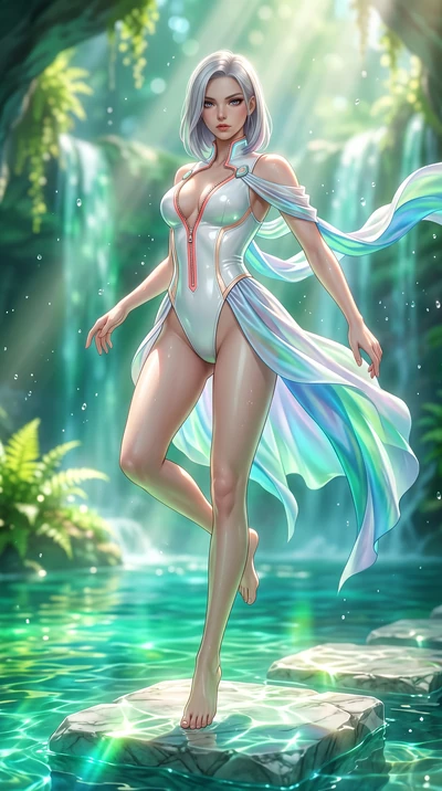 score_9, masterpiece, best quality, ultra-detailed, high-budget anime keyframe, semi-realistic 3D game render, editorial fashion photography, tasteful artistic composition, Caucasian woman. low angle full-body shot from head to toe showing her feet, 