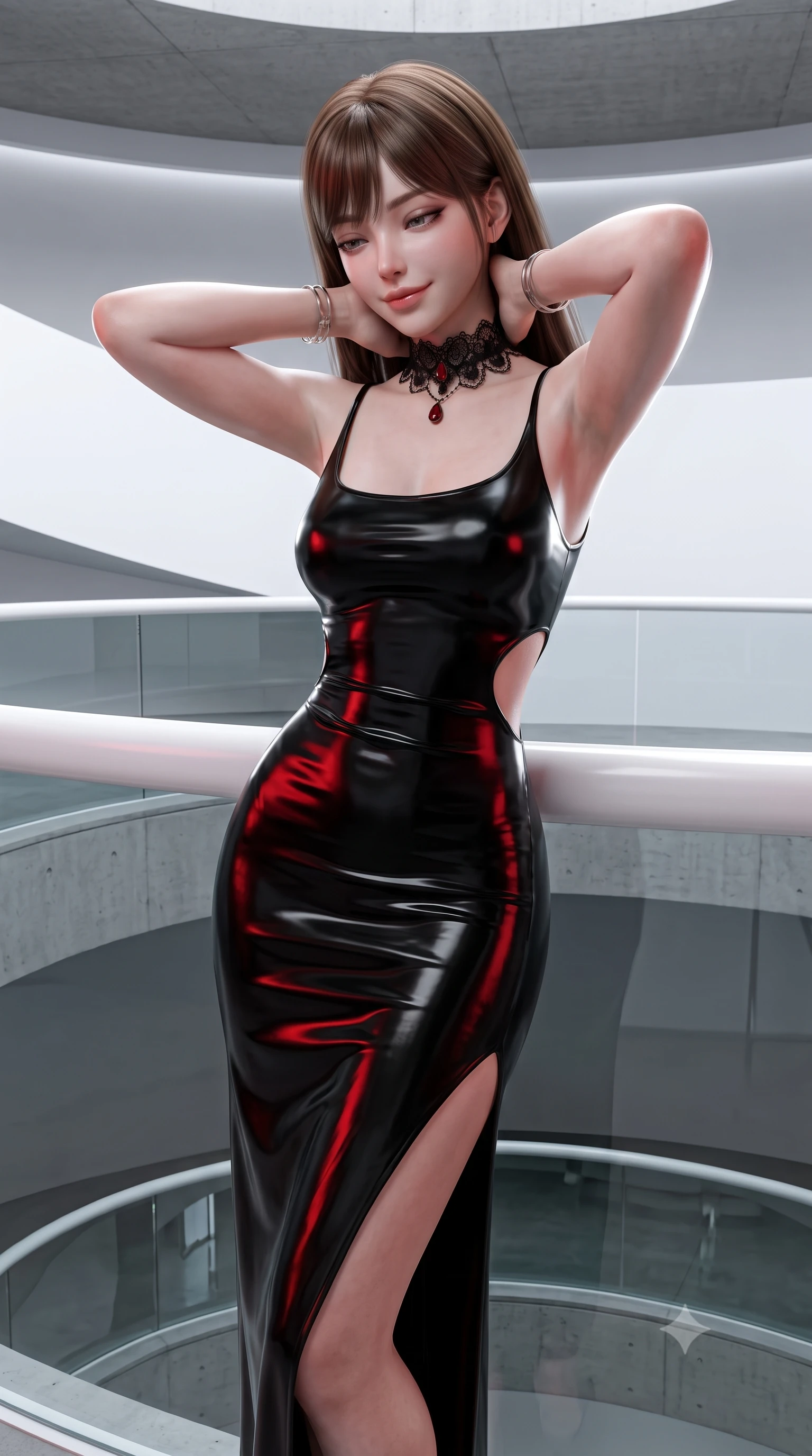 score_9, masterpiece, best quality, ultra-detailed, high-budget anime keyframe, semi-realistic 3D game render, editorial fashion photography, tasteful artistic composition, Korean woman. close-up cowboy shot from the waist and thighs up, the character dominates the composition, filling the frame with her large presence. resting both hands lightly behind her neck with elbows raised, arching her spine to highlight her narrow waist, flat midriff, and breathtaking collarbones while leaning against the smooth white balustrade with hips cocked back, looking down into the rotunda with an alluring bedroom-smile. The surrounding environment is rendered in vivid detail and crisp panoramic clarity: detailed liquid jersey column dress drape, silver bangle shine, and modernist museum geometry in high resolution. She has an exceptionally elegant, slender, and willowy female figure with an ultra-slim waist, flat toned midriff, narrow ribcage, and sculpted feminine hips creating an alluring, slim hourglass silhouette without bulk. sharp v-shaped jawline, high-bridge nose, sparkling eyes with hypnotic seductive depth, thick curled eyelashes, glossy parted lips with a natural dewy peach sheen, alluring bedroom-eyes with an enchanting coquettish smile, exuding magnetic siren charisma and sophisticated glamour, flawlessly proportioned anatomical accuracy, strict slender model proportions, natural body alignment, perfectly sculpted long slender limbs, ultra-slim waistline, clean dynamic posture without body distortion. wearing a sculptural liquid jersey column dress with a dramatic hip-high side slit and asymmetrical cutout waist darts in wet-look onyx black with crimson specular reflections, crafted from fluid liquid silk satin that clings smoothly to every curve with a dewy sheen, accented with an ornate black lace Victorian choker featuring a single blood-red teardrop garnet, the liquid-tight tailored fabric clinging flawlessly to her narrow waist and rounded feminine hips, emphasizing every millimeter of her sculpted slim hourglass curves without any bulky heaviness. illuminated by curved white wall bounce and sharp platinum-white rim lights defining her delicate clavicles, ultra-slim waist, and curvy hips. highly saturated vibrant anime colors, detailed shading with soft gradients, rich glossy textures, high-contrast stereoscopic depth, volumetric dynamic lighting, master piece, 9:16 ratio