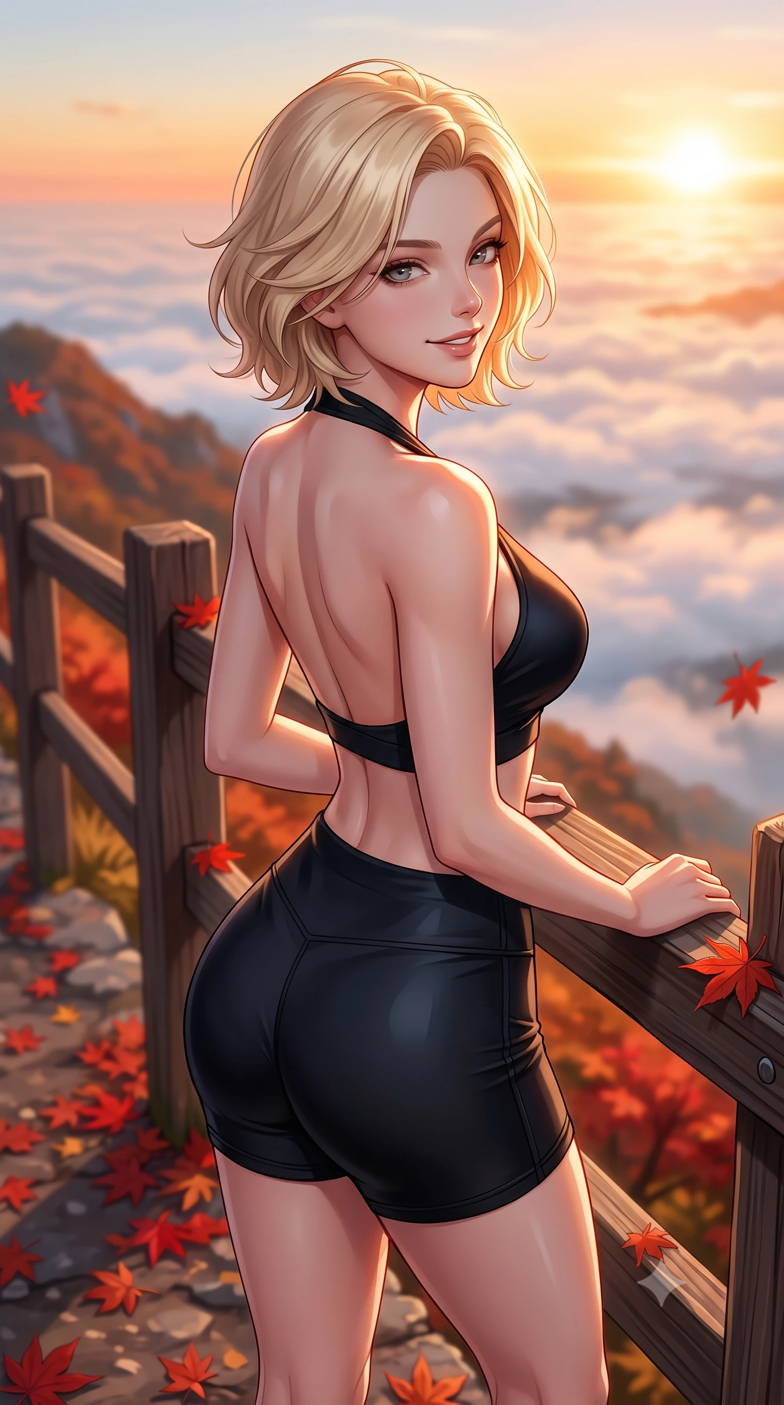 score_9, masterpiece, best quality, ultra-detailed, high-budget anime keyframe, editorial fashion photography, tasteful artistic composition, Caucasian woman. close-up cowboy shot from the waist and thighs up, the character dominates the composition, filling the frame with her large presence, background elements kept in soft focus. smiling with a playful and cute half-smile, glancing sidelong over her shoulder set against a soft-focus background of walking through an autumn mountain path covered in red maple leaves resting on a wooden fence with a view of the distant clouds below. She has an exceptionally elegant, slender, and willowy female figure with an ultra-slim waist, a gracefully sculpted slender torso, and a refined silhouette. sharp v-shaped jawline, high-bridge nose, intricate jewel-like eyes with depth, thick eyelashes, glossy lips with a natural sheen. wearing tailored backless activewear halter top in black, paired with sporty shorts. cool morning mountain air diffusing the bright orange sunrise glow. highly saturated vibrant anime colors, detailed shading with soft gradients, rich glossy textures, high-contrast stereoscopic depth, volumetric dynamic lighting, master piece, 9:16 ratio