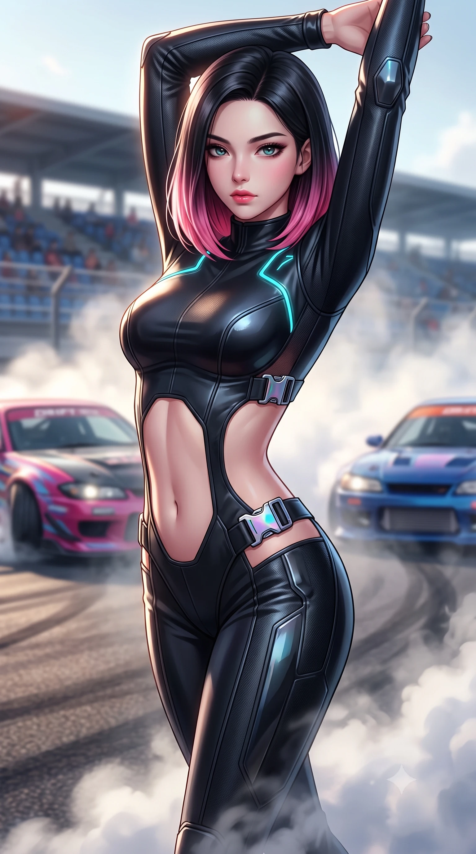 score_9, masterpiece, best quality, ultra-detailed, high-budget anime keyframe, semi-realistic 3D game render, editorial fashion photography, tasteful artistic composition, Korean woman. close-up cowboy shot from the waist and thighs up, the character dominates the composition, filling the frame with her large presence. arching her back languidly with arms stretching overhead, highlighting her narrow waist and feminine silhouette in pure supermodel elegance while stepping forward with proud runway strides amidst rising tire smoke, her statuesque vertical presence commanding the frame. The composition keeps background elements in soft focus with creamy bokeh. roaring drift cars and grandstand bleachers softened in dynamic shallow depth of field. She has an exceptionally elegant, slender, and willowy female figure with an ultra-slim waist, a gracefully sculpted slender torso, toned flat midriff, and a refined slim silhouette. sharp v-shaped jawline, high-bridge nose, intricate jewel-like eyes with depth, thick eyelashes, glossy parted lips with a natural sheen, intensely captivating and seductive expression, flawlessly proportioned anatomical accuracy, strict slender model proportions, natural body alignment, perfectly sculpted long slender limbs, ultra-slim waistline, clean dynamic posture without body distortion. wearing a high-collar leather speedsuit featuring bold side-torso cutouts and quick-release titanium buckles in holographic silver prism and deep graphite, tailored from abrasion-resistant Kevlar weave with glossy protective panels, finished with glowing cyan circuit lines tracing her collarbones and shoulders, the precision-cut daring openings accentuating her delicate midriff, graceful bare collarbones, and ultra-slim feminine waistline. illuminated by crisp directional rim lighting sharply defining her razor-sharp jawline and feminine curves. highly saturated vibrant anime colors, detailed shading with soft gradients, rich glossy textures, high-contrast stereoscopic depth, volumetric dynamic lighting, master piece, 9:16 ratio