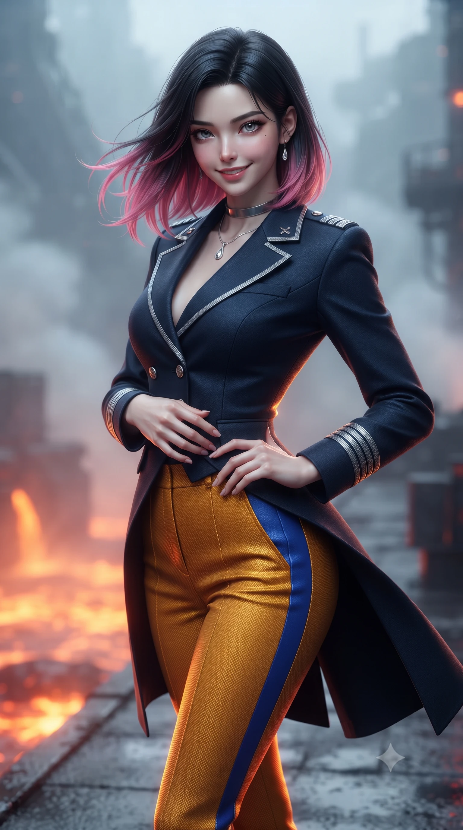 score_9, masterpiece, best quality, ultra-detailed, high-budget anime keyframe, editorial fashion photography, tasteful artistic composition, Korean woman. close-up cowboy shot from the waist and thighs up, the character dominates the composition, filling the frame with her large presence. turning slowly with an enchanting smoldering smile, her glossy hair tossing in the breeze as her hips angle gracefully in a captivating contrapposto while twisting her slender torso in an alluring contrapposto stance beside the molten rock cooling channel, searing orange magma light dancing across her narrow waist and curvy hips. The background shows a soft-focus sulfur-scented volcanic mist softened in offshore geothermal fortress shallow focus. She has an exceptionally elegant, slender, and willowy female figure with an ultra-slim waist, flat toned midriff, narrow ribcage, and sculpted feminine hips creating an alluring, slim hourglass silhouette without bulk. sharp v-shaped jawline, high-bridge nose, intricate jewel-like sparkling eyes with depth, thick eyelashes, glossy parted lips with a natural peach sheen, bright cheerful beaming smile with an enchanting and coquettish sensual glint, exuding both youthful cute charm and seductive allure, flawlessly proportioned anatomical accuracy, strict slender model proportions, natural body alignment, perfectly sculpted long slender limbs, ultra-slim waistline, clean dynamic posture without body distortion. wearing a tailored flight command officer coat in midnight navy with structured lapels, metallic rank braids, and tailored slim trousers in Jovian storm amber and electric cobalt, woven from structured carbon-fiber jacquard with rich textural depth, finished with a minimalist chrome choker and a single teardrop diamond pendant, the impeccably tailored cut draping gracefully along her slender figure with aristocratic poise. illuminated by wet basalt deck reflection bounce and sharp magma-orange rim lights sculpting her razor-sharp jawline, narrow waist, and curvy hips. ultra-reflective glossy finish, specular highlights, rich textural contrasts, high-contrast stereoscopic depth, volumetric dynamic lighting, 2k, ultra detail, master piece, 9:16 ratio