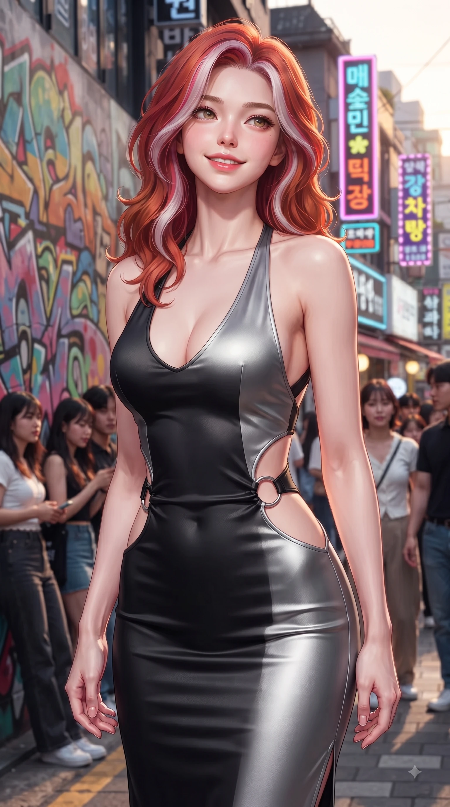 score_9, masterpiece, best quality, ultra-detailed, high-budget anime keyframe, editorial fashion photography, tasteful artistic composition, Caucasian woman. close-up cowboy shot from the waist and thighs up, the character dominates the composition, filling the frame with her large presence, background elements kept in soft focus. Tilting her chin up with a sweet beaming smile of pure delight while balancing dynamically amidst the scene while poised gracefully in front of a colorful graffiti wall on Hongdae fashion street at golden hour, young stylish crowds and chic architecture creating a lively college town atmosphere. She has an exceptionally elegant, slender, and willowy female figure with an ultra-slim waist, a gracefully sculpted slender torso, and a refined silhouette. sharp v-shaped jawline, high-bridge nose, intricate jewel-like eyes with depth, thick eyelashes, glossy lips with a natural sheen, flawlessly proportioned anatomical accuracy, natural body alignment, perfectly sculpted elegant limbs, clean dynamic posture without body distortion. wearing a deep-scoop halter bodycon dress with hip cutouts connected by silver rings in matte black and polished silver, crafted from smooth liquid silk, complemented by criss-cross back straps highlighting her bare shoulders, the form-contouring material highlighting her ultra-slim waist and long lines. illuminated by vibrant neon shop signs and crisp clear afternoon key light. ultra-reflective glossy finish, specular highlights, metallic sheen, high-contrast stereoscopic depth, volumetric dynamic lighting, 2k, ultra detail, master piece, 9:16 ratio