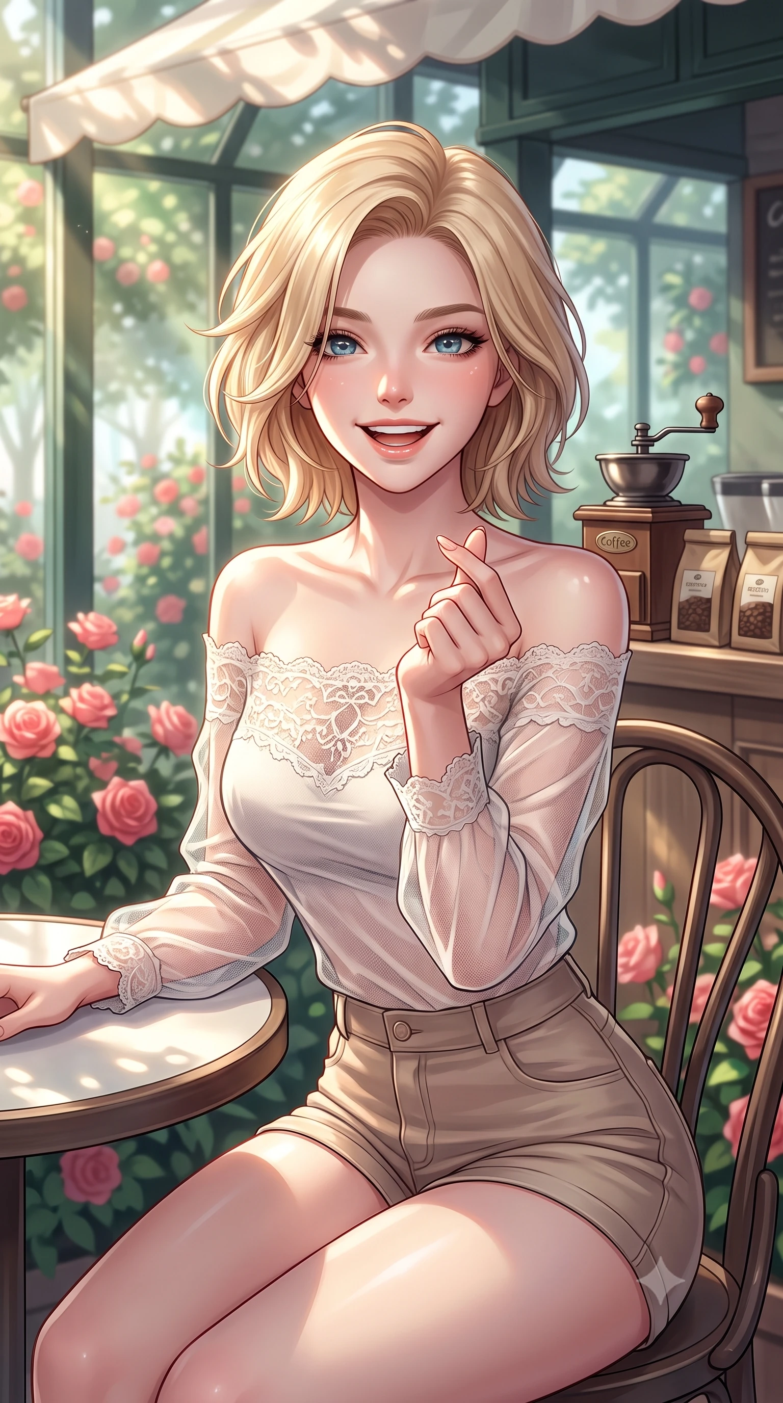 score_9, masterpiece, best quality, ultra-detailed, high-budget anime keyframe, editorial fashion photography, tasteful artistic composition, Caucasian woman. close-up cowboy shot from the waist and thighs up, the character dominates the composition, filling the frame with her large presence, background elements kept in soft focus. flashing a bright, sunny grin, holding her fingers in a cute small heart shape set against a soft-focus background of in a quiet corner table of a glass-walled garden cafe surrounded by roses with a vintage coffee grinder and bags of coffee beans on the counter behind her. She has an exceptionally elegant, slender, and willowy female figure with an ultra-slim waist, a gracefully sculpted slender torso, and a refined silhouette. sharp v-shaped jawline, high-bridge nose, intricate jewel-like eyes with depth, thick eyelashes, glossy lips with a natural sheen. wearing tailored delicate lace-trim off-shoulder blouse paired with a sheer mesh overlay and form-contouring mini shorts. dappled sunlight filtering through the outdoor awning onto her face. highly saturated vibrant anime colors, detailed shading with soft gradients, rich glossy textures, high-contrast stereoscopic depth, volumetric dynamic lighting, master piece, 9:16 ratio