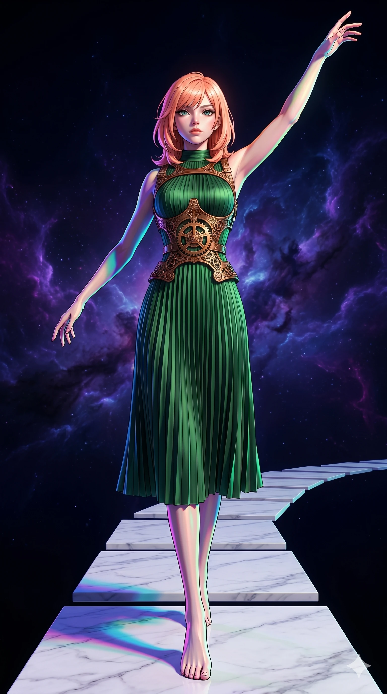 score_9, masterpiece, best quality, ultra-detailed, high-budget anime keyframe, editorial fashion photography, tasteful artistic composition, Japanese woman. low angle full-body shot from head to toe showing her feet, filling the entire 9:16 vertical frame with her statuesque presence, stretching her vertical silhouette. Gliding forward with one arm sweeping upward toward the sky on a pathway of white marble tiles floating in a dark void of purple nebula gas. She has an absolutely perfect 8-heads proportion, an exceptionally tall and slender female figure with impossibly long slender legs and an ultra-slim waist. V-shaped jawline, high-bridge nose, intricate jewel-like eyes with depth, thick eyelashes, glossy lips with a natural sheen. wearing a sculpted bronze harness with gear-inspired details worn over a structured high-neck midi dress in forest green pleated silk. lit by high-contrast holographic projection lighting with vivid colored shadows that define her form. 2k, ultra detail, master piece, 9:16 ratio