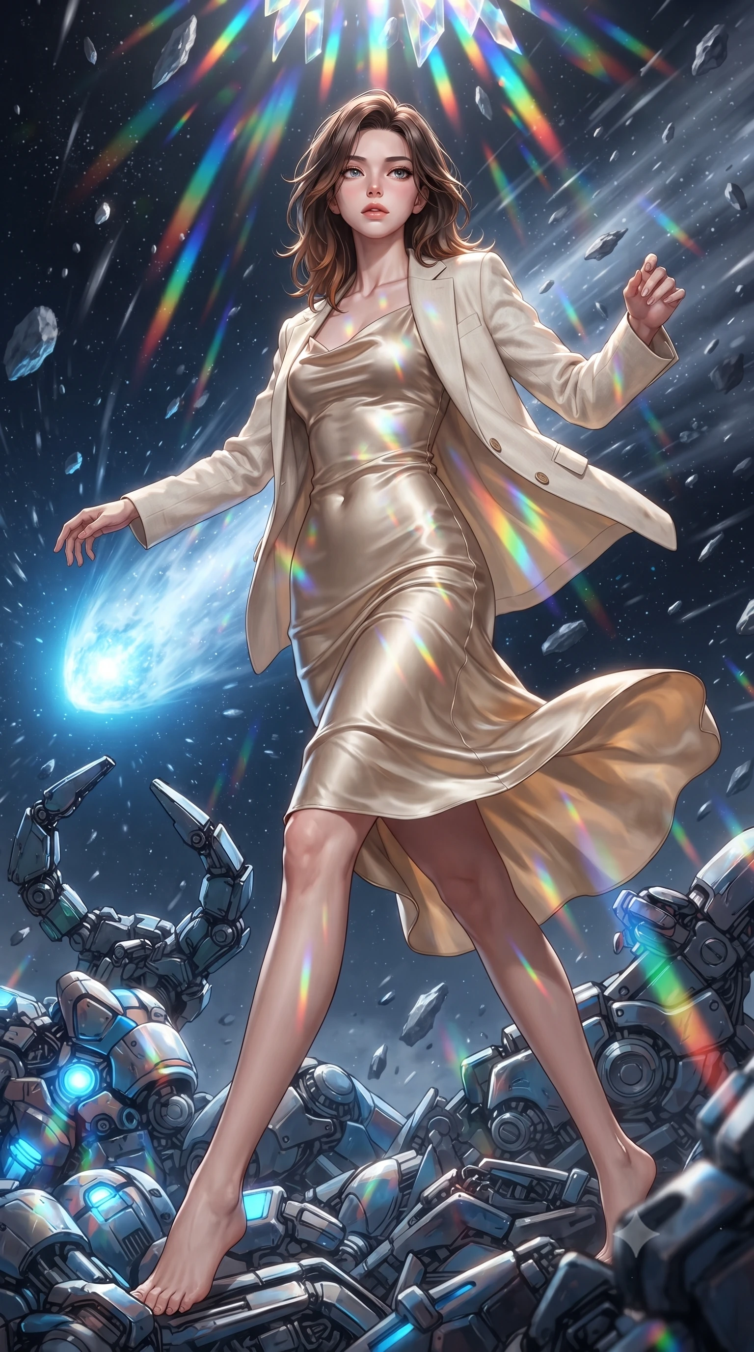 score_9, masterpiece, best quality, ultra-detailed, high-budget anime keyframe, editorial fashion photography, tasteful artistic composition, realistic cosplay photography, Korean woman. low angle full-body shot from head to toe showing her feet, filling the entire 9:16 vertical frame with her statuesque presence, stretching her vertical silhouette. acrobatically dodging a heavy mech's swipe by vaulting off a pile of cybernetic debris through riding the tail of a comet, ice and dust particles streaming past in a silver blur, the blue nucleus glowing ahead. She has a statuesque 8.5-heads proportion, an exceptionally tall, slender and willowy model-like build with impossibly long legs and a highly sculpted ultra-slim waist. sharp v-shaped jawline, high-bridge nose, intricate jewel-like eyes with depth, thick eyelashes, glossy lips with a natural sheen. wearing the lightweight fabric rippling and billowing dramatically with her movement, a slim-fit champagne gold cowl-neck satin slip dress that drapes and clings to her slender figure, layered with a cream linen blazer. cascading rainbow prismatic light refracting through crystal formations overhead. ultra-reflective glossy finish, specular highlights, metallic sheen, high-contrast stereoscopic depth, volumetric dynamic lighting, 2k, ultra detail, master piece, 9:16 ratio