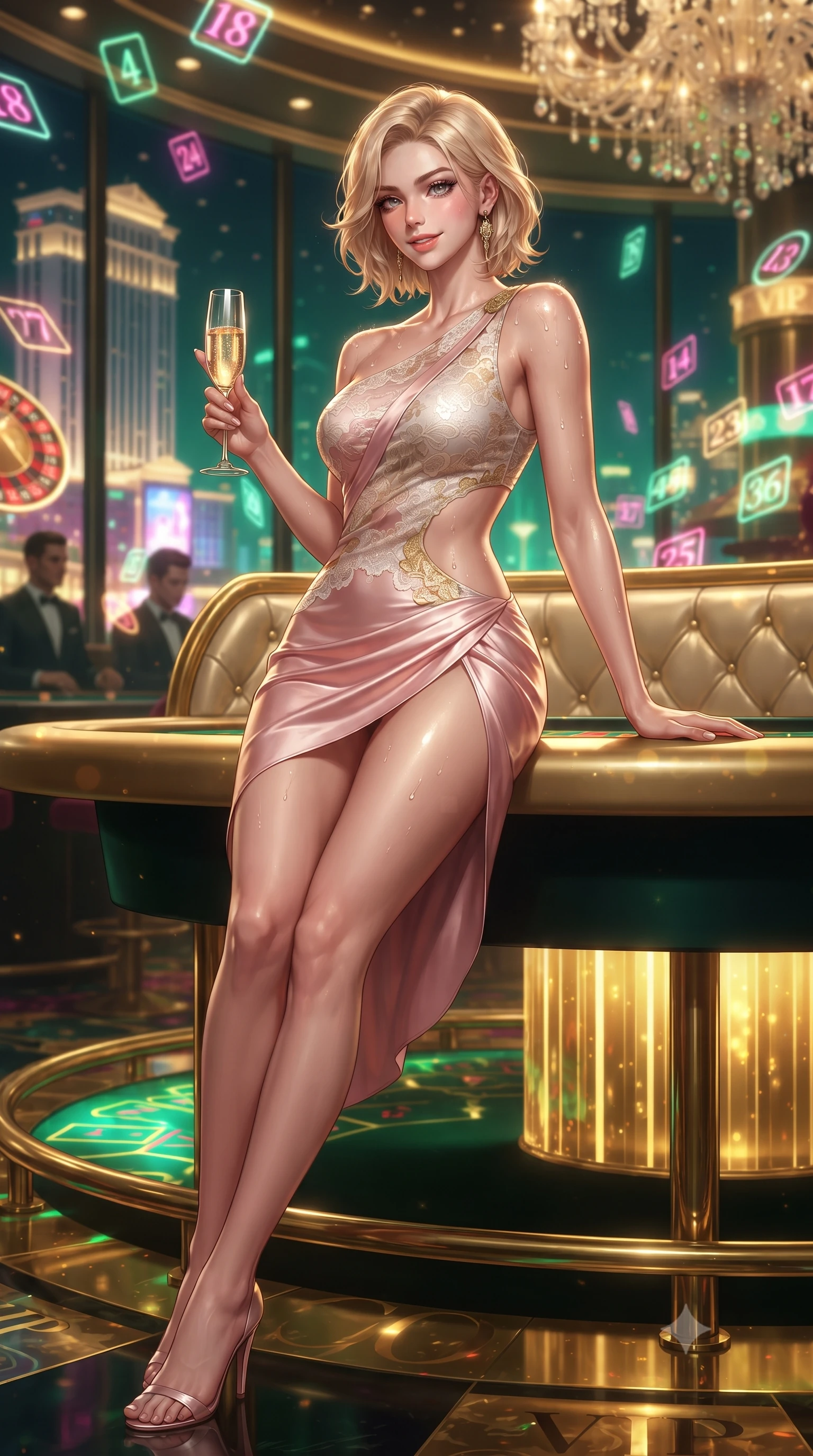 score_9, masterpiece, best quality, ultra-detailed, high-budget anime keyframe, editorial fashion photography, tasteful artistic composition, Caucasian woman. low angle full-body shot from head to toe showing her feet, filling the entire 9:16 vertical frame with her statuesque presence, stretching her vertical silhouette. executing a slow, graceful pivot turn as her skirt sways around her slender legs, glancing back with an enchanting, teasing sensual expression while lounging in the gold-trimmed VIP banquette propped on one elbow, holding a champagne flute with effortless sovereign gambler cool. The background shows a soft-focus floating neon holographic roulette numbers, towering mega-resort neon facades outside, and crystal chandeliers blurred into emerald, magenta, and gold bokeh. She has an absolutely perfect, statuesque 8.5-heads proportion, an exceptionally tall and slender model-like female figure with impossibly long slender legs, an ultra-slim waist, a flat toned midriff, narrow delicate ribcage, and beautifully sculpted feminine hips creating a graceful, slim hourglass silhouette without any bulky heaviness. sharp v-shaped jawline, high-bridge nose, sparkling eyes with hypnotic seductive depth, thick curled eyelashes, glossy parted lips with a natural dewy peach sheen, alluring bedroom-eyes with an enchanting coquettish smile, exuding magnetic siren charisma and sophisticated glamour, flawlessly proportioned anatomical accuracy, strict slender model proportions, natural body alignment, perfectly sculpted long slender limbs, ultra-slim waistline, clean dynamic posture without body distortion. wearing an asymmetric one-shoulder metallic cocktail mini dress with a dramatic side cutout hugging her waist and hips in delicate blush peony pink and antique white lace with gold leaf, crafted from fluid liquid silk satin that clings smoothly to every curve with a dewy sheen, complemented by glistening drops of moisture beading across her sculpted shoulders and flat midriff, the high-slit wrap tailoring accentuating her ultra-slim waistline and the enchanting curve of her feminine hips with alluring seductive charm. bathed in intense gold and emerald illumination radiating from under-lit gaming tables. ultra-reflective glossy finish, specular highlights, rich textural contrasts, high-contrast stereoscopic depth, volumetric dynamic lighting, 2k, ultra detail, master piece, 9:16 ratio