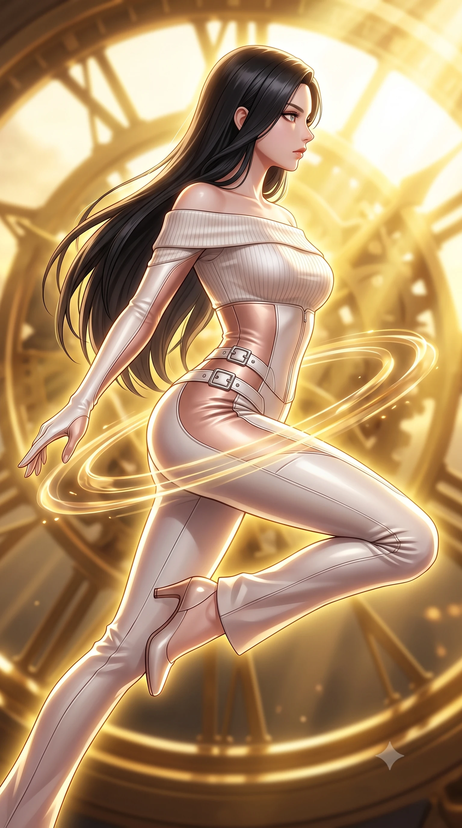 score_9, masterpiece, best quality, ultra-detailed, high-budget anime keyframe, editorial fashion photography, tasteful artistic composition, Korean woman. close-up cowboy shot from the waist and thighs up, the character dominates the composition, filling the frame with her large presence, background elements kept in soft focus. Turning her face in sharp profile while her upper body leans forward with poised athletic grace while leaping through intense volumetric sunbeams filtering through a giant golden solar clockwork, translucent golden energy rings orbiting around her slender waist in mid-air. She has an exceptionally elegant, slender, and willowy female figure with an ultra-slim waist, a gracefully sculpted slender torso, and a refined silhouette. sharp v-shaped jawline, high-bridge nose, intricate jewel-like eyes with depth, thick eyelashes, glossy lips with a natural sheen, flawlessly proportioned anatomical accuracy, natural body alignment, perfectly sculpted elegant limbs, clean dynamic posture without body distortion. wearing a sleek off-shoulder ribbed knit top paired with high-waist tailored pants in pearl white and rose gold, formed from sleek second-skin neoprene, detailed with polished silver buckles along the waistline, the glove-like fit emphasizing her statuesque silhouette during motion. surrounded by a brilliant solar aura with high-contrast metallic specular shine. highly saturated vibrant anime colors, detailed shading with soft gradients, rich glossy textures, high-contrast stereoscopic depth, volumetric dynamic lighting, master piece, 9:16 ratio