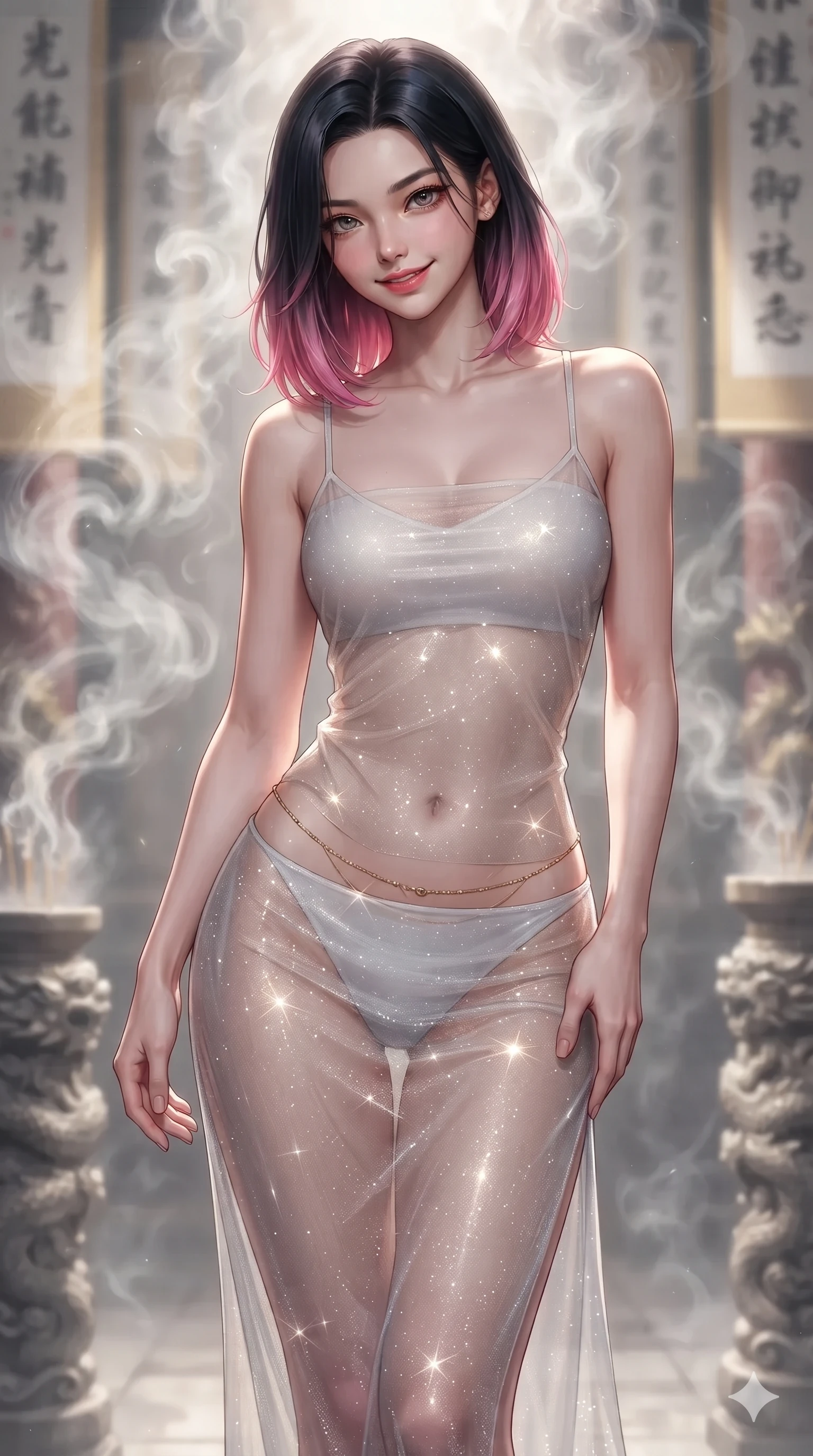 score_9, masterpiece, best quality, ultra-detailed, high-budget anime keyframe, editorial fashion photography, tasteful artistic composition, Korean woman. close-up cowboy shot from the waist and thighs up, the character dominates the composition, filling the frame with her large presence. tilting her head with a teasing half-smile, running one hand slowly down the side of her hip in a flirtatious S-curve as ambient light caresses her silhouette while walking slowly through the fragrant misty hall with feline poise, her long slender legs and curvy hips commanding the sacred atmosphere. The background shows a soft-focus swirling white agarwood incense smoke, carved dragon column bases, and hanging silk calligraphy banners blurred into cream, gold, and charcoal bokeh. She has an exceptionally elegant, slender, and willowy female figure with an ultra-slim waist, flat toned midriff, narrow ribcage, and sculpted feminine hips creating an alluring, slim hourglass silhouette without bulk. sharp v-shaped jawline, high-bridge nose, sparkling eyes with hypnotic seductive depth, thick curled eyelashes, glossy parted lips with a natural dewy peach sheen, alluring bedroom-eyes with an enchanting coquettish smile, exuding magnetic siren charisma and sophisticated glamour, flawlessly proportioned anatomical accuracy, strict slender model proportions, natural body alignment, perfectly sculpted long slender limbs, ultra-slim waistline, clean dynamic posture without body distortion. wearing a delicately layered semi-sheer gossamer nobang hanbok slip dress revealing her sculpted silhouette over an opaque micro-bandeau and briefs in celestial pearl white and moonlight platinum, woven from metallic lurex thread casting radiant starlight glints across her silhouette, finished with a dainty gold belly chain resting across her flat midriff and curving hips, the glove-like clinging cut tightly following the natural contour of her hips and long slender legs with youthful 8.5-heads elegance. illuminated by polished floor bounce and sharp amber-bronze rim lights defining her razor-sharp jawline, narrow waist, and curvy hips. ultra-reflective glossy finish, specular highlights, rich textural contrasts, high-contrast stereoscopic depth, volumetric dynamic lighting, 2k, ultra detail, master piece, 9:16 ratio