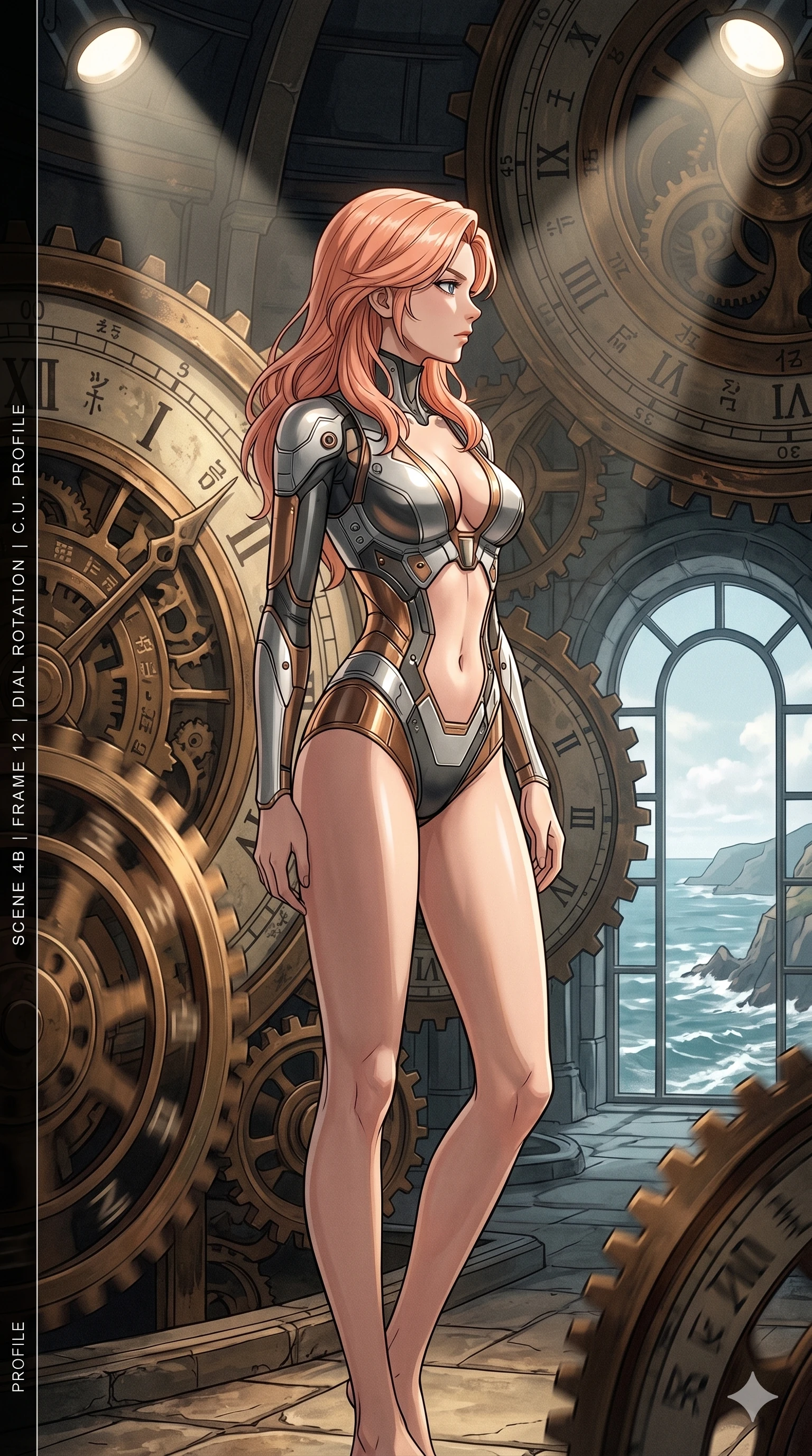 score_9, masterpiece, best quality, ultra-detailed, high-budget anime keyframe, editorial fashion photography, tasteful artistic composition, Japanese woman. cowboy shot from the thighs up, character and outfit filling the frame for maximum editorial presence. standing tall, her face turned in profile to catch the wind in an antique beach tower with massive turning bronze dials (Code-P19-132). She has an absolutely perfect 8-heads proportion, an exceptionally tall and slender female figure with impossibly long slender legs and an ultra-slim waist. V-shaped jawline, high-bridge nose, intricate jewel-like eyes with depth, thick eyelashes, glossy lips with a natural sheen. wearing a cybernetic swimsuit with exposed midriff and plunging neck. dramatic theater spotlights from above, outlining her tall slender figure and waist. 2k, ultra detail, master piece, 9:16 ratio