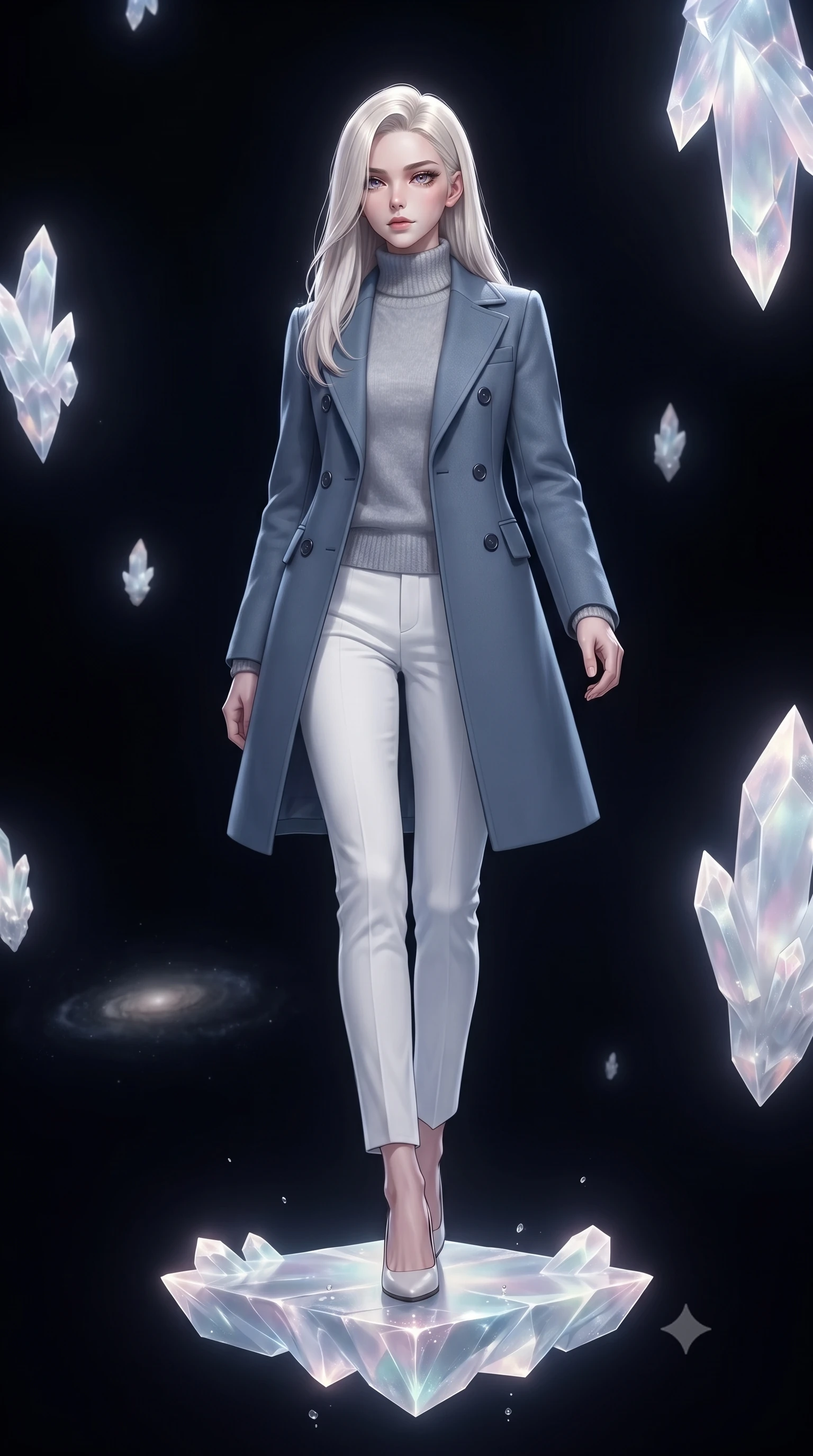 score_9, masterpiece, best quality, ultra-detailed, high-budget anime keyframe, editorial fashion photography, tasteful artistic composition, Caucasian woman, strictly human ears. low angle full-body shot from head to toe showing her feet, filling the entire 9:16 vertical frame with her statuesque presence, stretching her vertical silhouette. stepping elegantly through the absolute emptiness of intergalactic space between galaxy clusters a single small platform of crystallized light floating in infinite darkness with the nearest galaxy a faint smudge billions of light-years away. She has a statuesque 8.5-heads proportion, an exceptionally tall, slender and willowy model-like build with impossibly long legs and a highly sculpted ultra-slim waist. sharp v-shaped jawline, high-bridge nose, intricate jewel-like eyes with depth, thick eyelashes, glossy lips with a natural sheen. wearing a structured double-breasted coat in slate blue over a soft grey cashmere sweater and white slim trousers. ethereal pearlescent light emanating from floating crystalline formations all around. 2k, ultra detail, master piece, 9:16 ratio