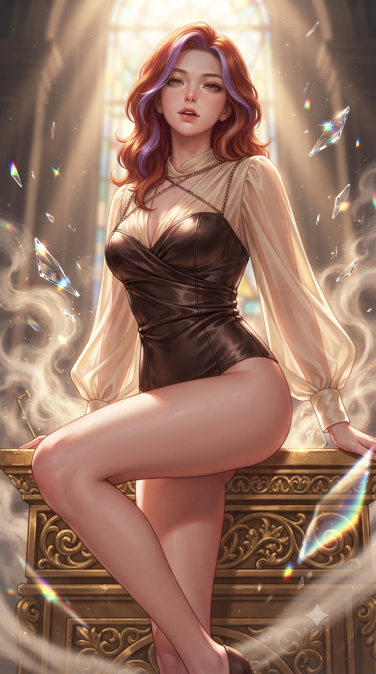 score_9, masterpiece, best quality, ultra-detailed, high-budget anime keyframe, editorial fashion photography, tasteful artistic composition, Caucasian woman. close-up cowboy shot from the waist and thighs up, the character dominates the composition, filling the frame with her large presence, background elements kept in soft focus. Tilting her chin up slightly with lips parted in a magnetic, composed expression poised on a golden filigree altar surrounded by glowing incense vapors, shattered glass shards catching bright specular highlights in mid-air. She has an exceptionally elegant, slender, and willowy female figure with an ultra-slim waist, a gracefully sculpted slender torso, and a refined silhouette. sharp v-shaped jawline, high-bridge nose, intricate jewel-like eyes with depth, thick eyelashes, glossy lips with a natural sheen. wearing a tailored leather bustier over a sheer silk chiffon blouse in espresso brown and warm cream, crafted from lustrous satin jersey with fluid draping, adorned with delicate metallic chain straps along the neckline, the tailored fabric tightly following every curve of her athletic build. surrounded by a glowing divine aura of sunbeams and incense radiance. highly saturated vibrant anime colors, detailed shading with soft gradients, rich glossy textures, high-contrast stereoscopic depth, volumetric dynamic lighting, master piece, 9:16 ratio
