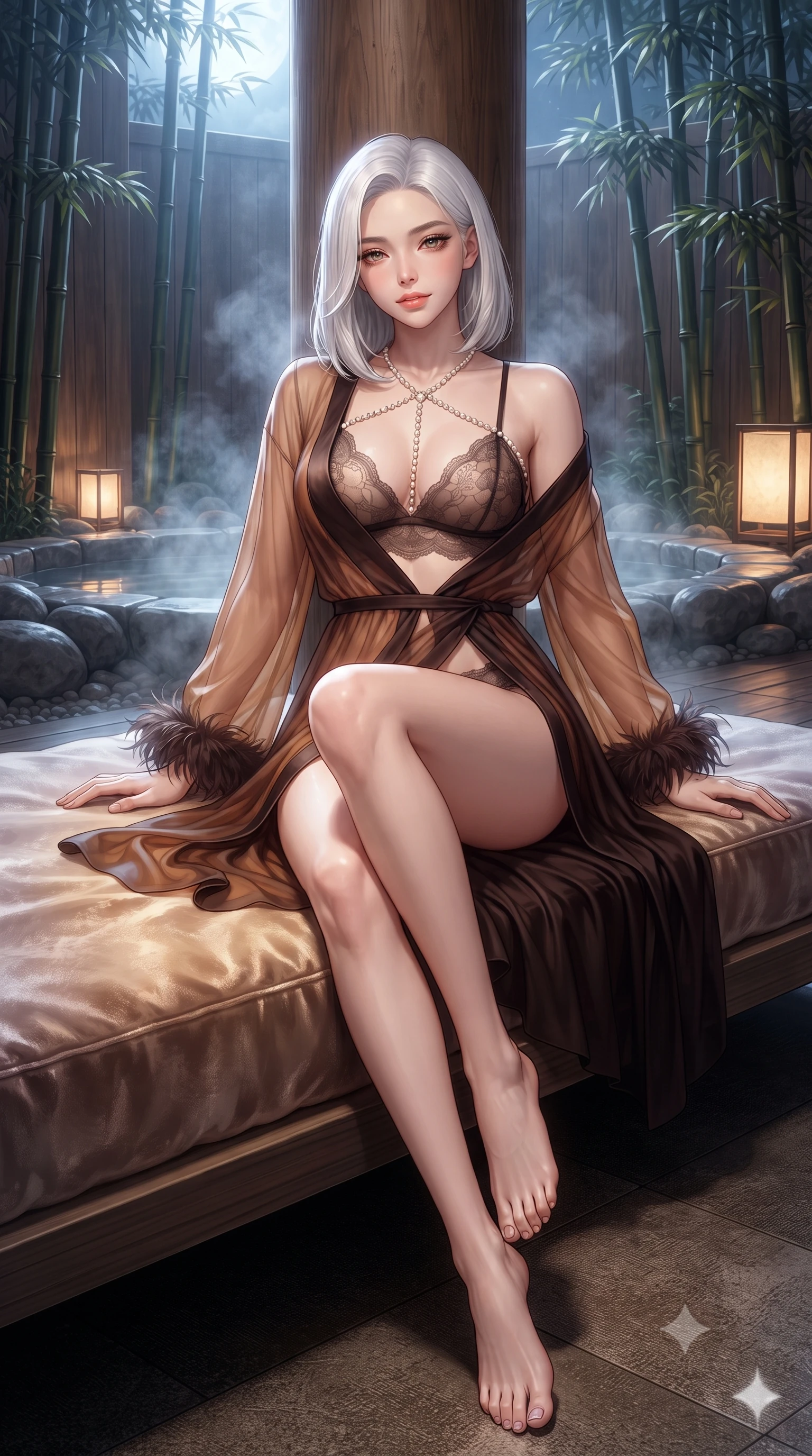 score_9, masterpiece, best quality, ultra-detailed, high-budget anime keyframe, editorial fashion photography, tasteful artistic composition, Korean woman. low angle full-body shot from head to toe showing her feet, filling the entire 9:16 vertical frame with her statuesque presence, stretching her vertical silhouette. lounging on the lavish daybed with legs crossed and hips angled toward the camera, displaying her toned midriff and long slender limbs with effortless siren poise while leaning against the smooth unlacquered cypress pillar with hips cocked back, looking through rising thermal vapor with heavy-lidded bedroom-eyes. The surrounding environment is rendered in vivid detail and crisp panoramic clarity: sharp wet cypress wood grain, polished river stone tub surrounds, and bamboo grove textures in deep focus. She has an exceptionally tall and slender model-like 8.5-heads proportion, an ultra-slim waist, a flat toned midriff, narrow delicate ribcage, and beautifully sculpted feminine hips creating a graceful, slim hourglass silhouette without any bulky heaviness, with impossibly long slender legs. sharp v-shaped jawline, high-bridge nose, intricate jewel-like sparkling eyes with depth, thick eyelashes, glossy parted lips with a natural peach sheen, bright cheerful beaming smile with an enchanting and coquettish sensual glint, exuding both youthful cute charm and seductive allure, flawlessly proportioned anatomical accuracy, strict slender model proportions, natural body alignment, perfectly sculpted long slender limbs, ultra-slim waistline, clean dynamic posture without body distortion. wearing a delicate translucent cashmere-blend boudoir robe with feather-trimmed cuffs slipping off bare shoulders over a sheer lace bralette in Hannam-dong glowing amber and rich dark espresso, tailored from ultra-plush silk velvet with rich tactile depth and deep shadow gradients, accented with a pearl-drop body harness subtly framing her dewy collarbones and spine, the high-slit wrap tailoring accentuating her ultra-slim waistline and the enchanting curve of her feminine hips with alluring seductive charm. bathed in the ethereal cool 4500K silver moonlight filtering through tall bamboo culms mixed with warm 2400K paper lantern glows. ultra-reflective glossy finish, specular highlights, rich textural contrasts, high-contrast stereoscopic depth, volumetric dynamic lighting, 2k, ultra detail, master piece, 9:16 ratio