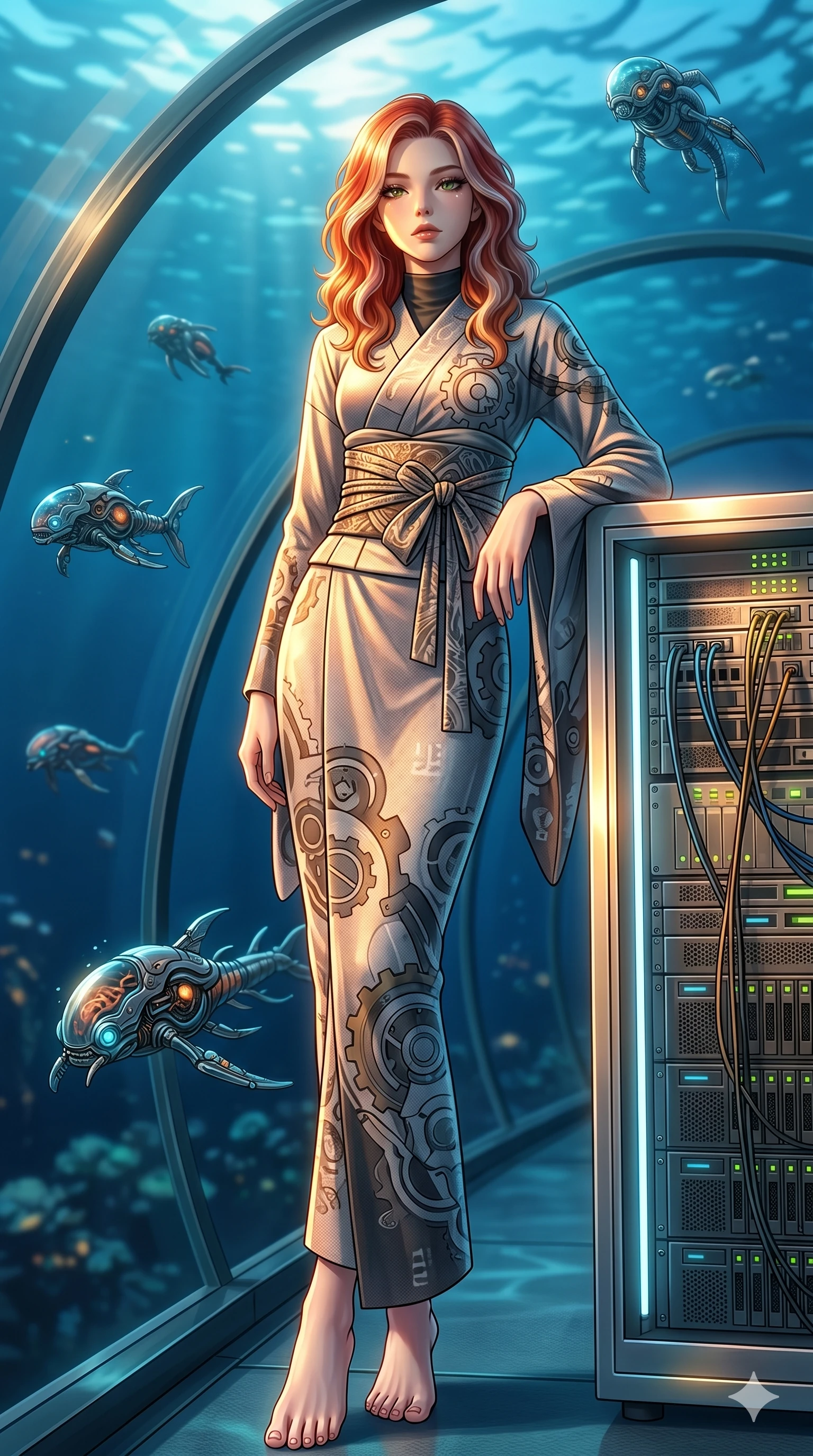 score_9, masterpiece, best quality, ultra-detailed, high-budget anime keyframe, editorial fashion photography, tasteful artistic composition, Caucasian woman, strictly human ears. low angle full-body shot from head to toe showing her feet, filling the entire 9:16 vertical frame with her statuesque presence, stretching her vertical silhouette. leaning against a server rack, casting a cool, superior gaze inside an underwater glass tunnel with swimming mechanical sea creatures (Code-P18-048). She has an absolutely perfect 8-heads proportion, an exceptionally tall and slender female figure with impossibly long slender legs and an ultra-slim waist. V-shaped jawline, high-bridge nose, intricate jewel-like eyes with depth, thick eyelashes, glossy lips with a natural sheen. wearing a modern high-neck fusion kimono with long sleeves and sash. golden sunset light streaming through the window, outlining her high-bridge nose and lips. 2k, ultra detail, master piece, 9:16 ratio